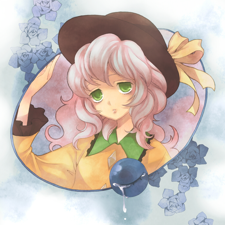 rinka, komeiji koishi, touhou, 1girl, female focus, flower, frills, gradient background, green eyes, hat, pink hair, plant, ribbon, rose, short hair, solo, tears, upper body, white background