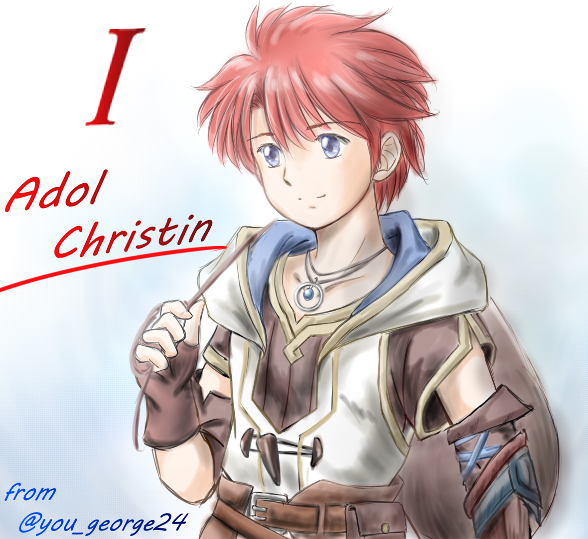 adol christin, ys, ys x: nordics, commentary request, 1boy, armor, belt, blue eyes, brown gloves, buckler, countdown, curtained hair, gloves, jewelry, necklace, pendant, red hair, shell, shell necklace, shield, simple background, weapon, you george24