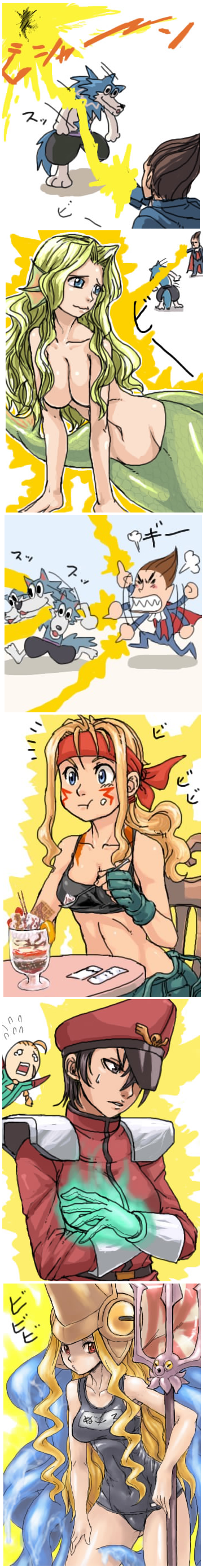 alex (street fighter), cammy white, demitri maximoff, donovan baine, jon talbain, m. bison, nool, rikuo (darkstalkers), capcom, capcom fighting jam, darkstalkers, street fighter, street fighter iii (series), warzard, hand on thigh, absurdres, gender request, highres, long image, tall image, 1boy, 5girls, :3, animal ears, black hair, black one-piece swimsuit, blonde hair, blue eyes, brazil, breasts, chibi, cleavage, comic, company connection, crossover, dodging, fingerless gloves, food, genderswap, gloves, glowing, glowing hand, hair censor, hair intakes, hat, hat over one eye, headband, helmet, ice cream, large breasts, leaning forward, long hair, mermaid, midnight bliss, monster girl, multiple girls, navel, nude, one-piece swimsuit, one eye covered, overalls, parfait, peaked cap, polearm, ponytail, red eyes, school swimsuit, silent comic, swimsuit, tank top, tentacles, trident, troll face, wavy hair, wavy mouth, weapon