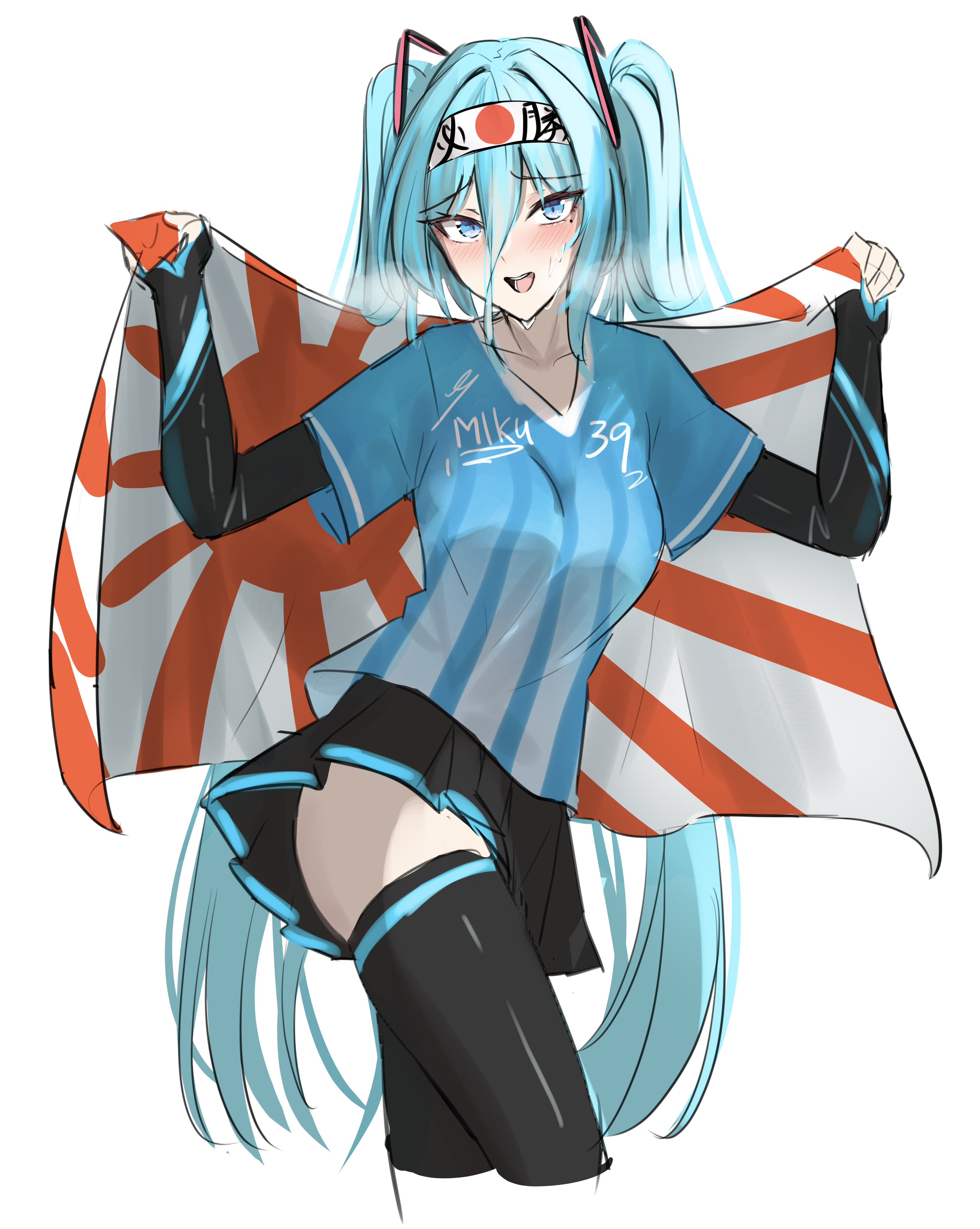 hana hebi, hatsune miku, vocaloid, absurdres, commentary request, highres, 1girl, aqua hair, arms up, black skirt, blue eyes, character name, collarbone, cowboy shot, flag, hair between eyes, hairband, holding, holding flag, japanese flag, long hair, long sleeves, looking at viewer, miniskirt, pleated skirt, rising sun flag, simple background, skirt, solo, sunburst, thighhighs, thighs, undershirt, upper body, very long hair, white background, zettai ryouiki