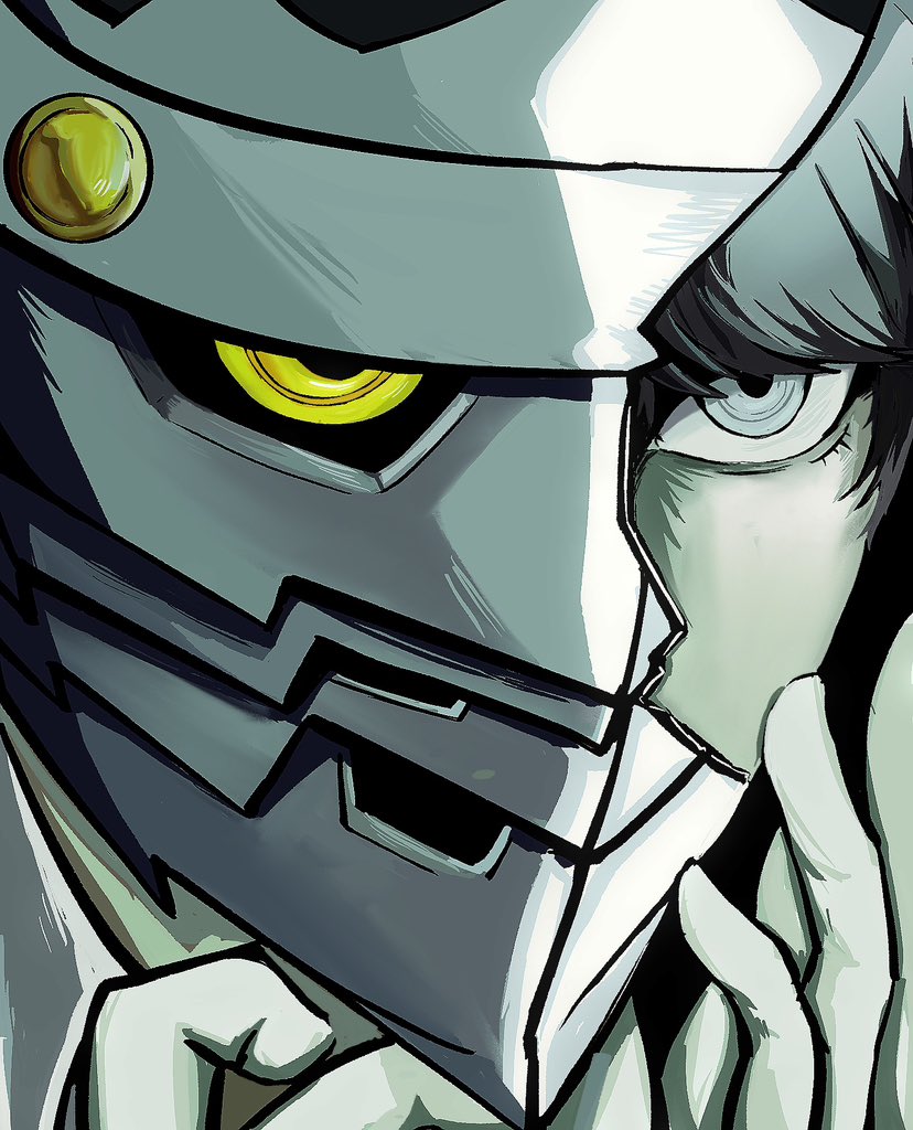 izanagi (persona 4), narukami yu, persona, persona 4, hashtag-only commentary, 1boy, arms up, cracked kawaii mask, cracked mask, grey eyes, grey hair, male focus, mask, persona (summon), piratearchives, sanpaku, short hair, yellow eyes