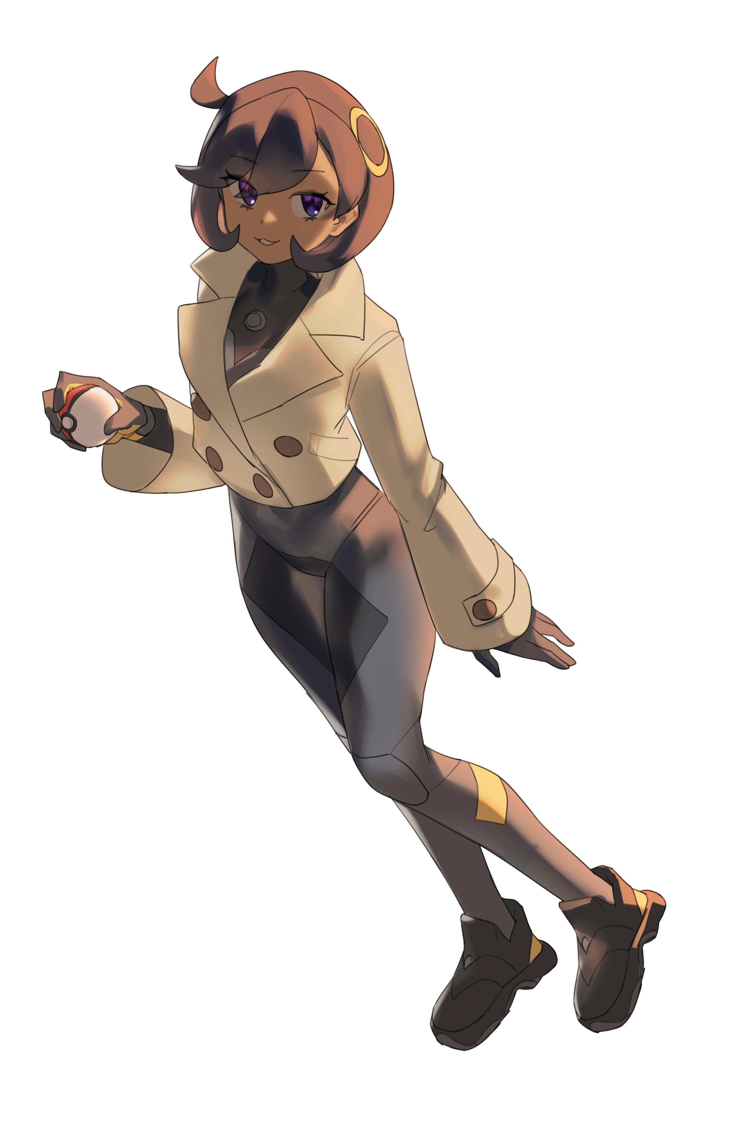 aragiken, emma (pokemon), nintendo, pokemon, pokemon legends: z-a, absurdres, commentary, highres, 1girl, black bodysuit, black gloves, black shoes, bodysuit, brown hair, closed mouth, cropped jacket, dark-skinned female, dark skin, gloves, holding, holding poke ball, jacket, looking at viewer, poke ball, purple eyes, shoes, smile, solo, white background, white jacket