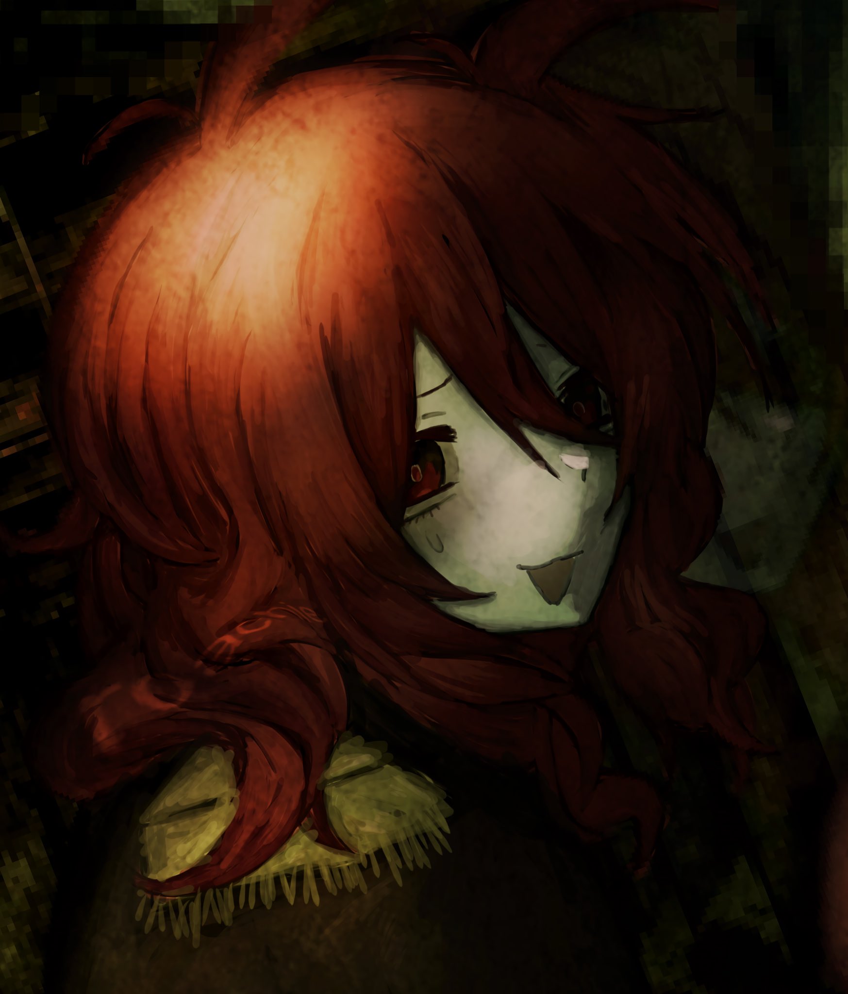 drek2xme, lobco (funamusea), funamusea, commentary, highres, 1girl, antenna hair, black jacket, colored skin, dark, drill hair, epaulettes, from side, glitch, jacket, long hair, looking at viewer, open mouth, red eyes, red hair, red pupils, solo, sweat, twin drills, upper body, watermark, white skin