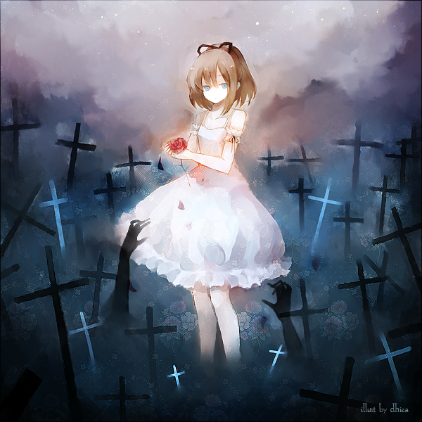 dhiea, original, reimei lorelei, shoujo byou, 1girl, artist name, blue eyes, brown hair, cross, dress, female focus, flower, frills, graveyard, lorelei dawn, rose, short hair, solo, white dress