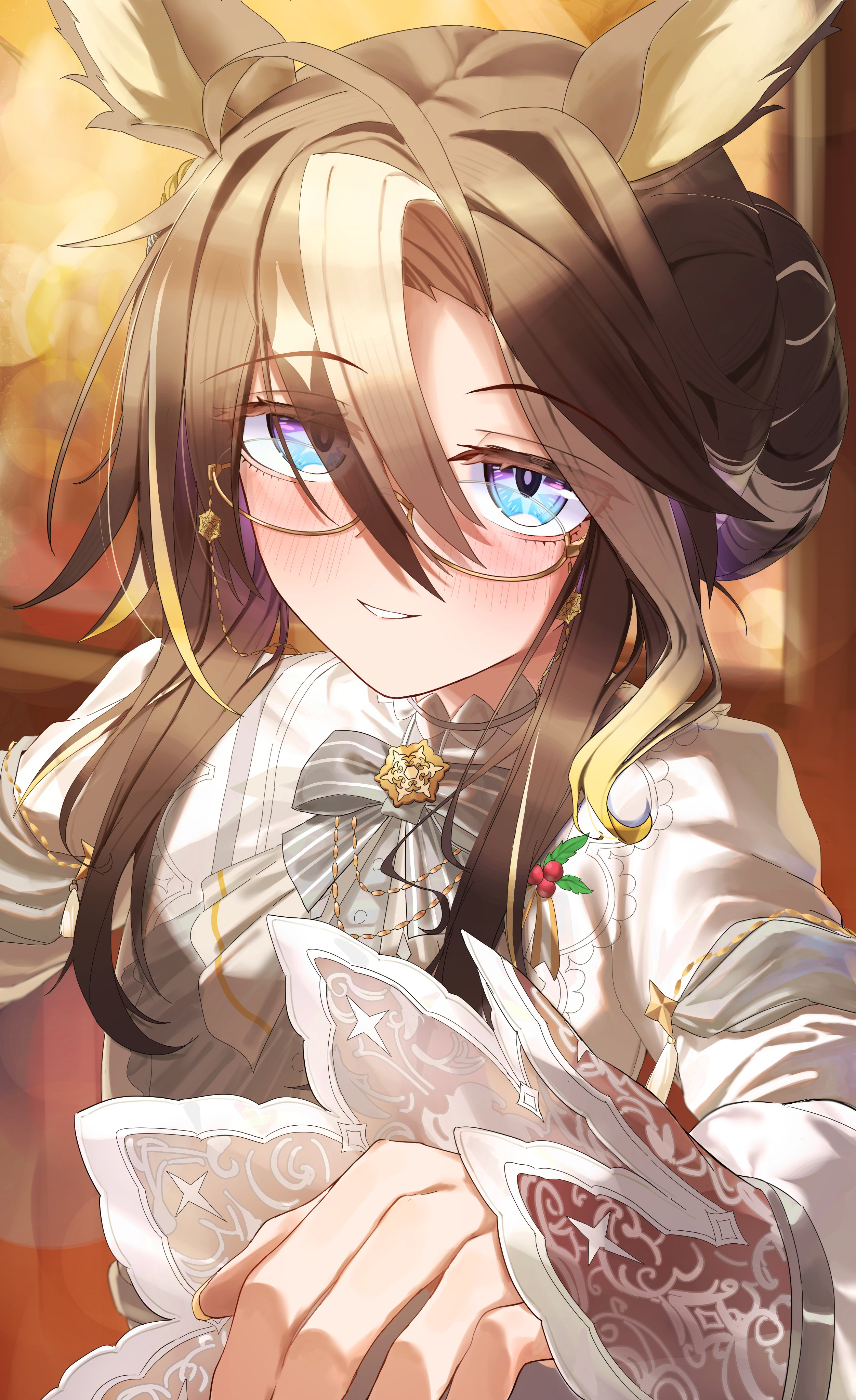 chestnutj37, dream journey (snow-white dreamland) (umamusume), dream journey (umamusume), umamusume, absurdres, commentary request, highres, 1girl, animal ears, black hair, blue eyes, blush, bow, dress, eyewear strap, glasses, hair between eyes, hair bun, horse ears, horse girl, long hair, long sleeves, looking at viewer, multicolored hair, official alternate costume, parted lips, smile, solo, upper body, white dress, white hair