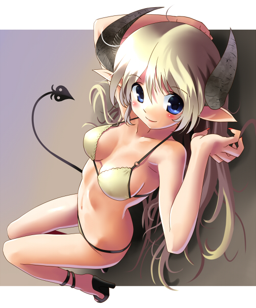 katahira masashi, original, 1girl, arm behind head, arms up, bikini, blonde hair, blue eyes, blush, breasts, cleavage, demon girl, demon tail, dutch angle, female focus, fingernails, full body, high heels, horns, long hair, lying, medium breasts, nail polish, on back, pointy ears, sharp fingernails, shoes, smile, solo, swimsuit, tail