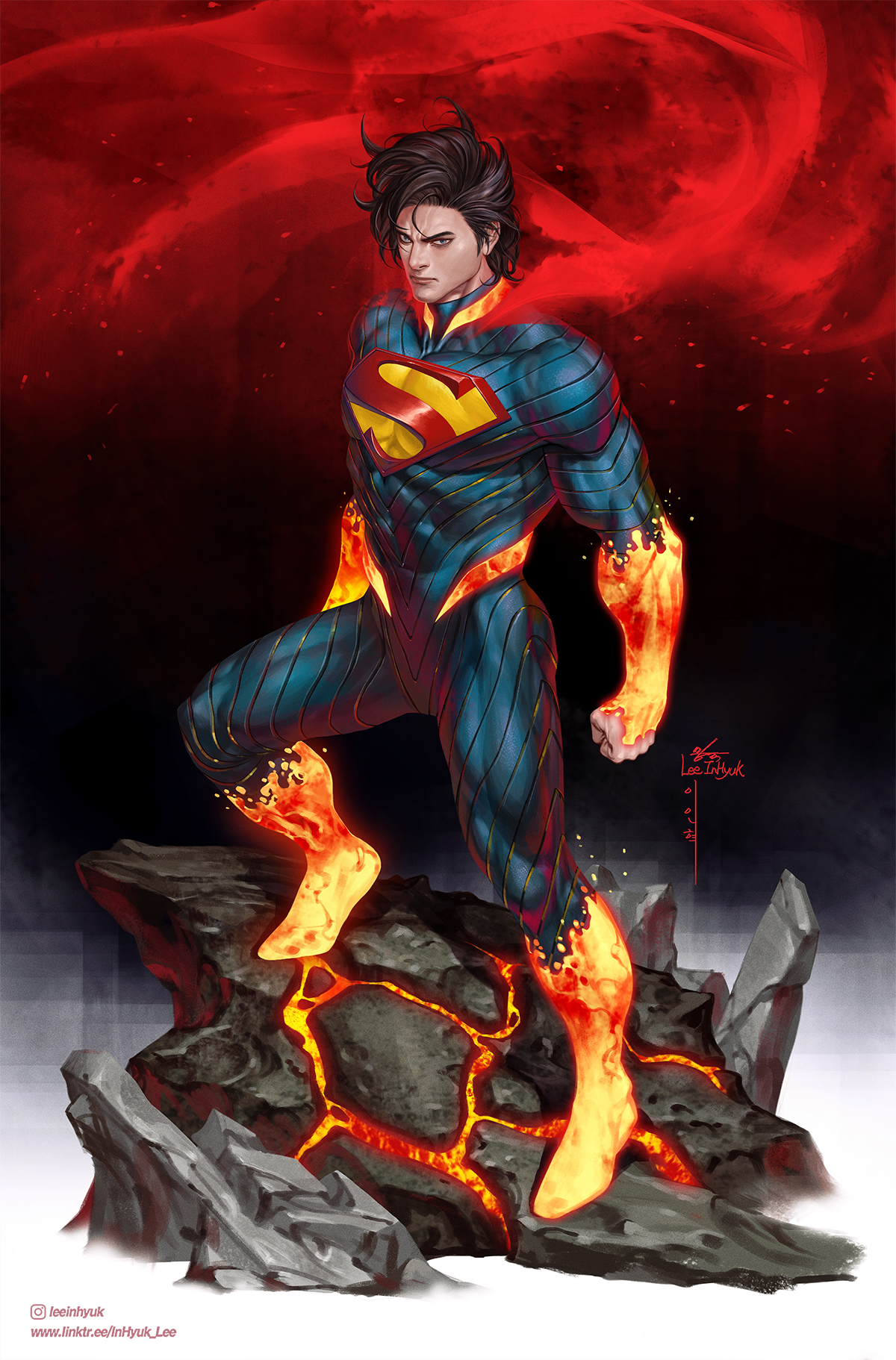 in-hyuk lee, superman, absolute dc, absolute superman, dc comics, superman (series), commentary, english commentary, highres, 1boy, black hair, blue bodysuit, blue eyes, bodysuit, cape, clenched hand, closed mouth, colored extremities, covered abs, covered pectorals, floating cape, full body, lava, looking at viewer, male focus, pectorals, red cape, rock, solo, standing, superhero costume, superman logo, toned, toned male