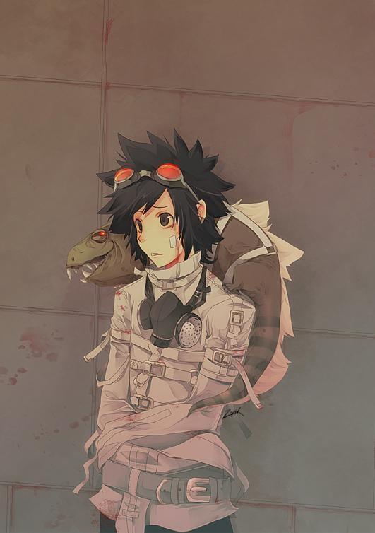 tagme, animal, black hair, gas mask, goggles, lizard, male focus, mask, straitjacket