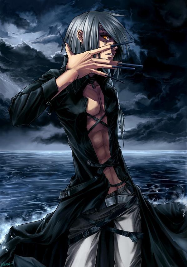 silver hair, tagme, fingernails, jacket, long fingernails, long hair, male focus, water