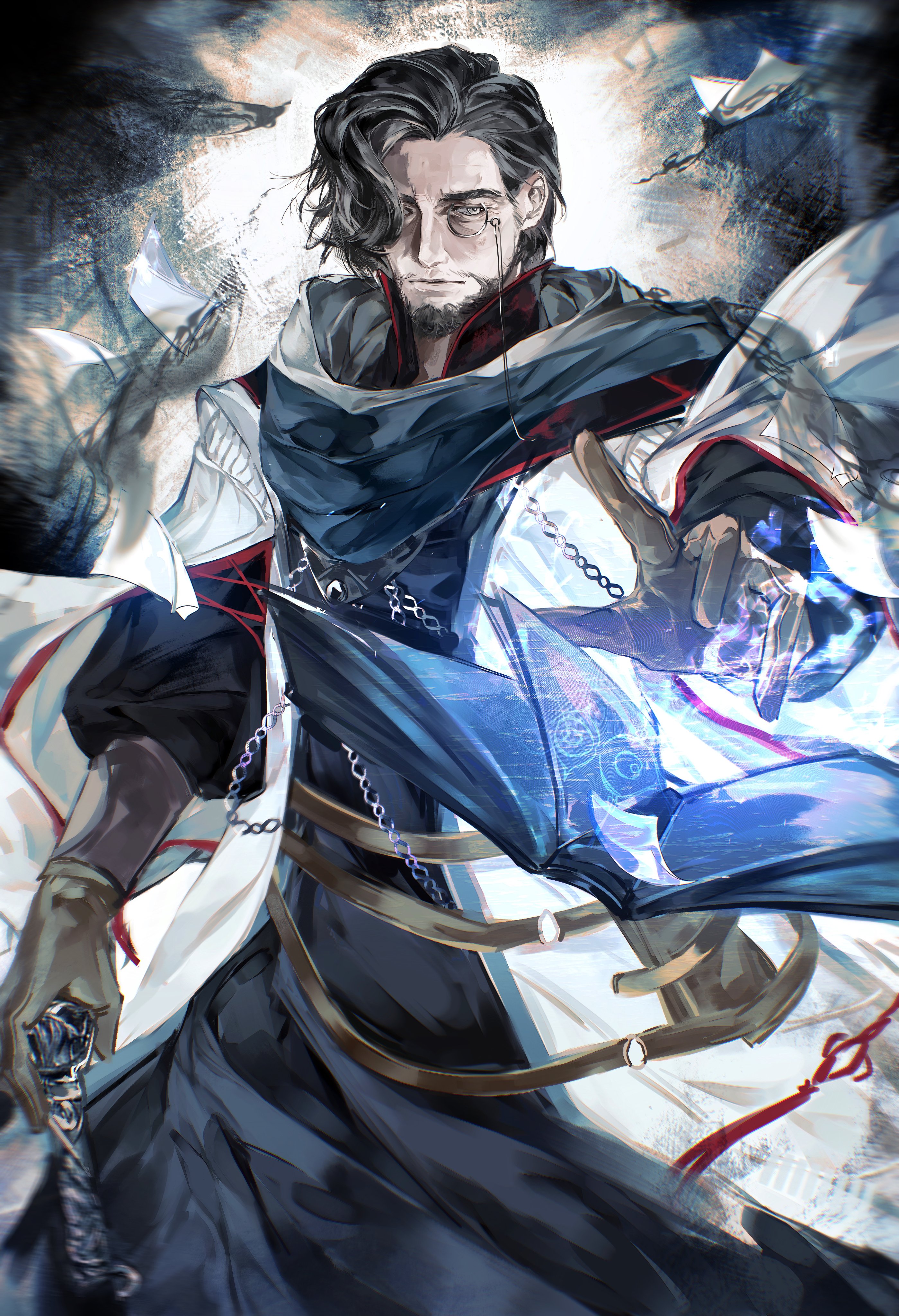 ovolinyu, elden ring, elden ring nightreign, absurdres, commentary, english commentary, highres, 1boy, belt, book, cane, coat, cowboy shot, facial hair, gameplay mechanics, gloves, hair over one eye, high collar, holding, holding cane, looking to the side, magic, monocle, mustache stubble, reaching, scholar (elden ring), short hair, solo, stubble, white coat