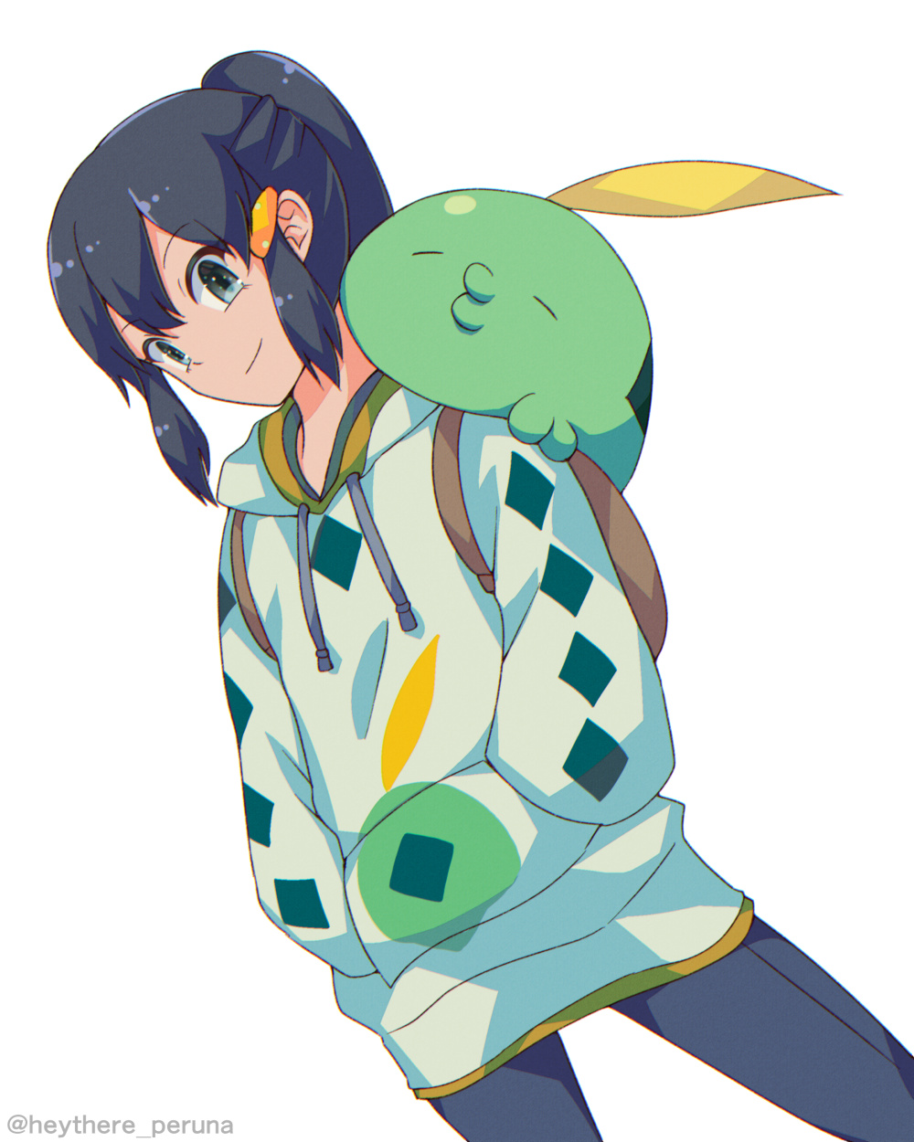 dawn (pokemon), gulpin, nintendo, pokemon, commentary request, highres, 1girl, animal, animal on shoulder, artist name, backpack, bag, black hair, black pants, gen 3 pokemon, hair ornament, hairclip, hands in pocket, hood, hood down, hooded jacket, hoodie, jacket, looking at viewer, pants, pokemon (creature), ponytail, sidelocks, smile, standing, white background