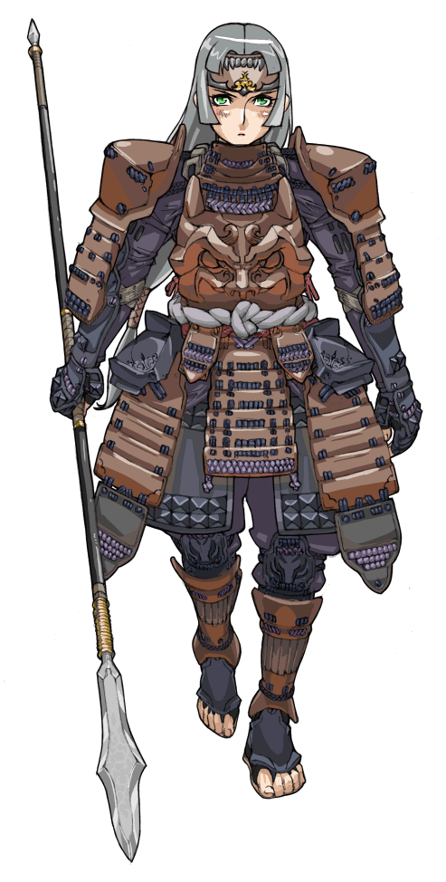 nezunezu, silver hair, armor, feet, green eyes, looking at viewer, polearm, simple background, toes, warrior, weapon