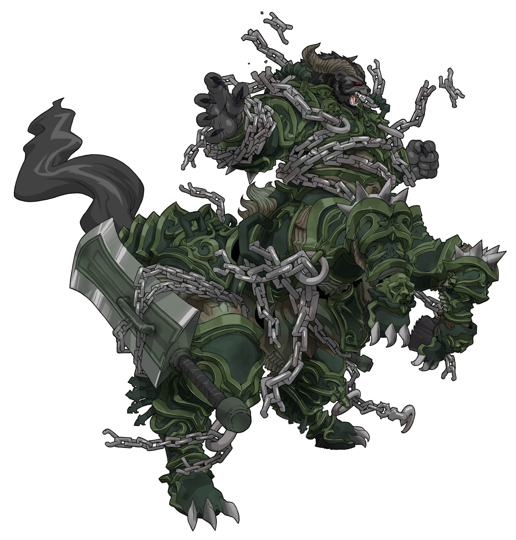 nezunezu, fur, armor, chain, claws, fangs, glowing, glowing eyes, horns, monster, simple background, sword, weapon