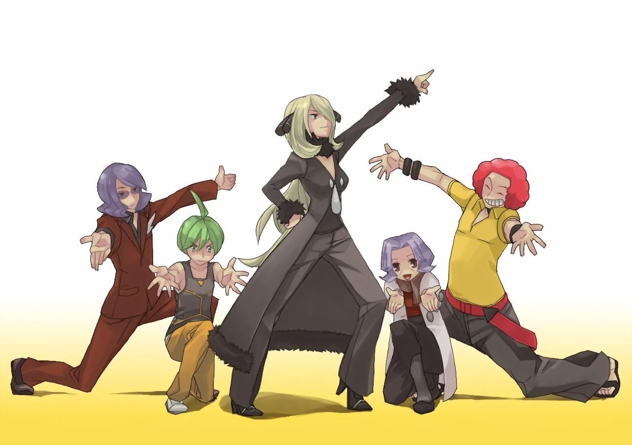 keidoro143, aaron (pokemon), bertha (pokemon), cynthia (pokemon), flint (pokemon), lucian (pokemon), hare hare yukai, nintendo, pokemon, fur, blonde hair, closed eyes, elite four, fur trim, hair over one eye, hand on own hip, high heels, meme, multiple girls, open mouth, outstretched arms, parody, yellow eyes