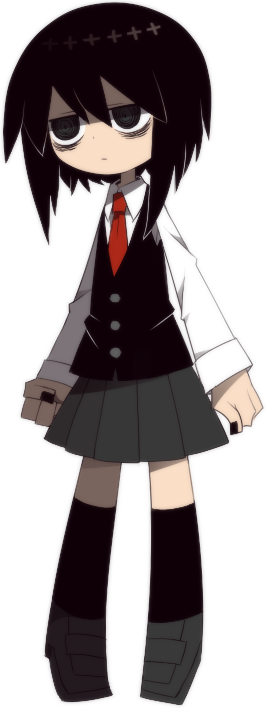 funamusea (artist), funamusea, mogeko castle, official art, 1girl, @ @, bags under eyes, black hair, black socks, black vest, empty eyes, grey skirt, kurokawa nataka, necktie, red necktie, school uniform, short hair, simple background, skirt, socks, solo, standing, vest, white background