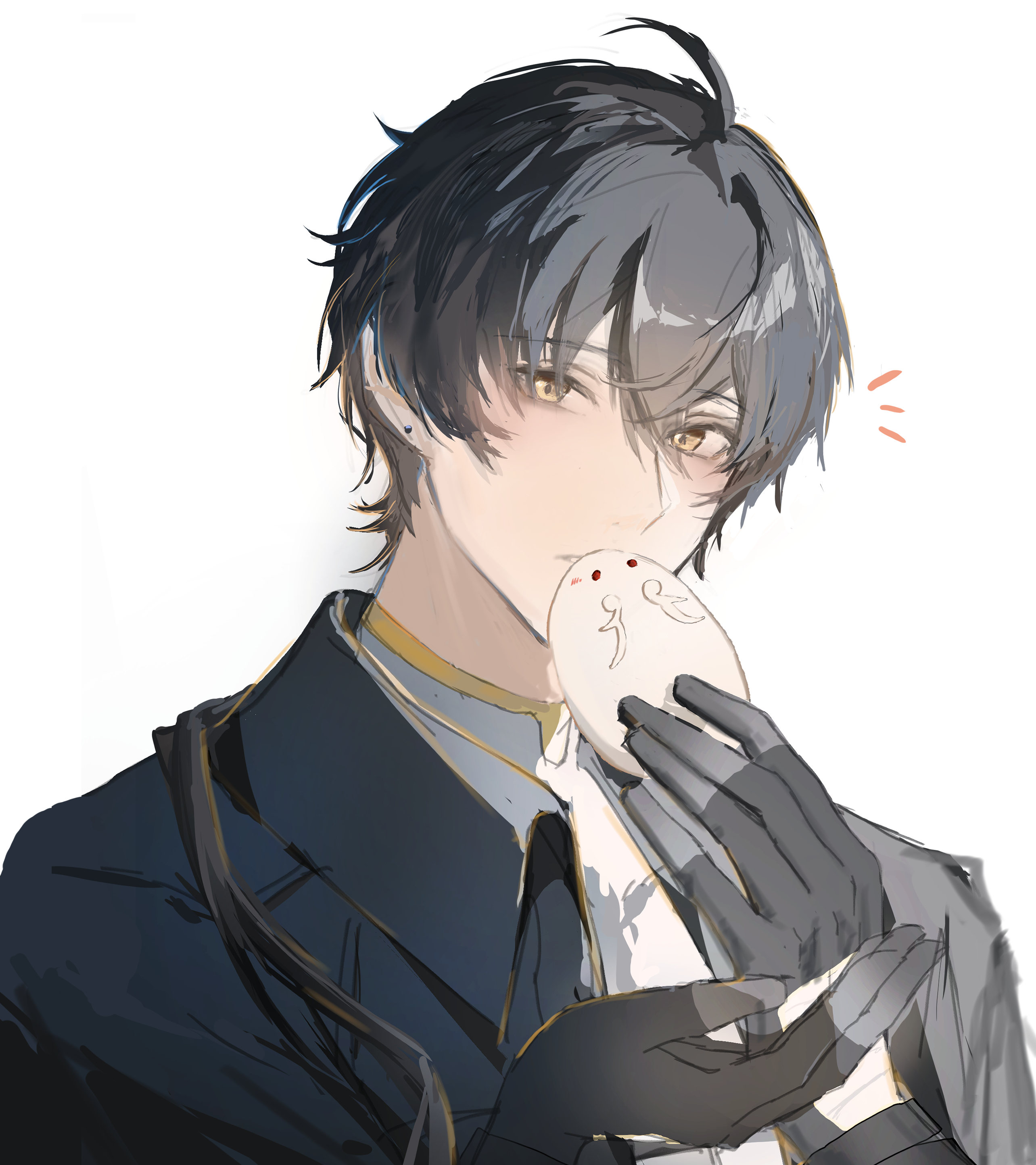 yobi45697, male rover (wuthering waves), rover (wuthering waves), wuthering waves, absurdres, commentary request, highres, 1boy, arm up, black gloves, black hair, black jacket, brown eyes, collared jacket, double-parted bangs, gloves, jacket, long sleeves, male focus, notice lines, open clothes, open jacket, shirt, short hair, simple background, solo, upper body, white background, white shirt, wing collar