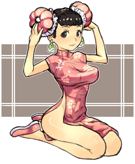 natsuhara, original, 1girl, black hair, breasts, bun cover, china dress, chinese clothes, double bun, dress, female focus, flats, full body, large breasts, legs, lips, no panties, solo