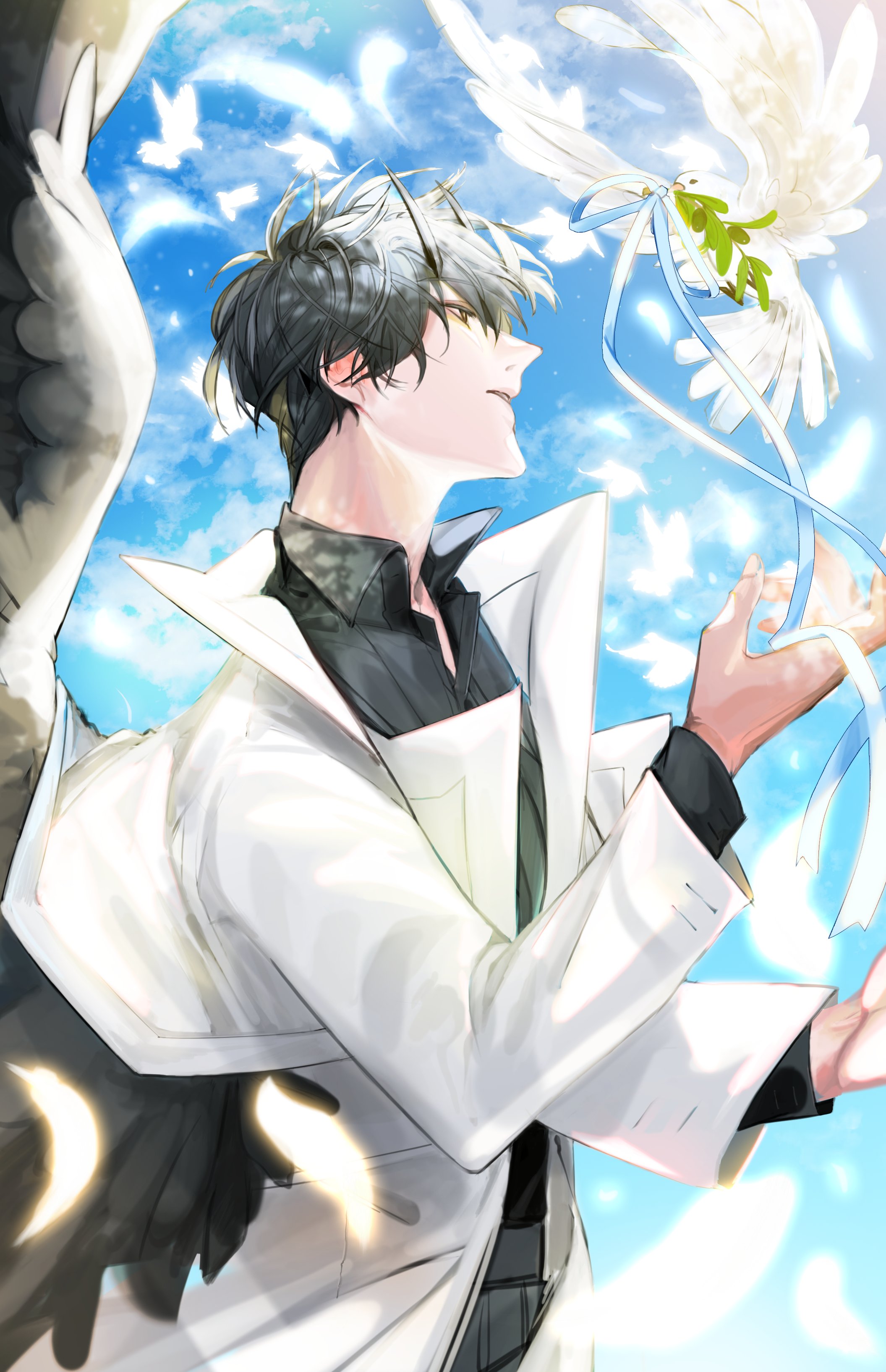 hayu beck, kim dokja, omniscient reader's viewpoint, absurdres, commentary request, highres, korean commentary, plant request, 1boy, bird, black hair, black shirt, black wings, coat, collared shirt, day, demon horns, dove, falling feathers, feathered wings, feathers, glowing, hand up, head tilt, horns, male focus, open clothes, open coat, outdoors, popped collar, ribbon, shirt, short hair, too many, too many birds, upper body, white coat, wings