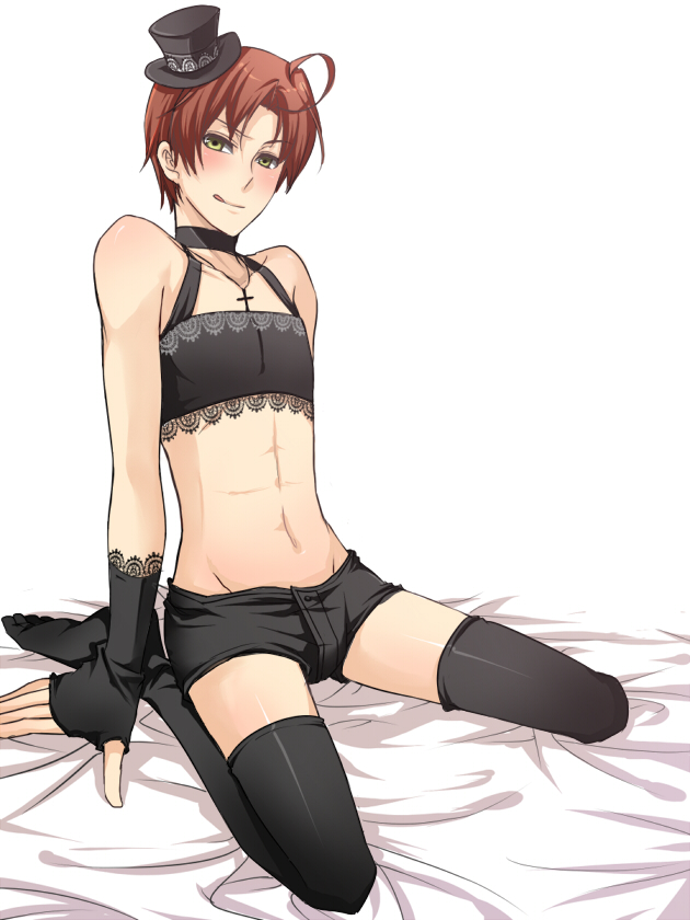 1boy, :p, antenna hair, bed, bed sheet, blush, bulge, crossdressing, crossdressing (mtf), fingerless gloves, gloves, hat, jewelry, male focus, mini hat, mini top hat, necklace, short hair, solo, thighhighs, tongue, tongue out, top hat, trap, yellow eyes