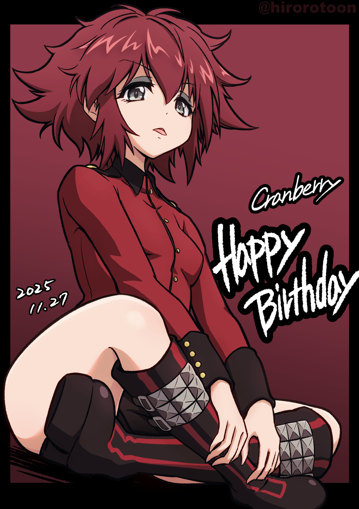 ehirorotoon, cranberry (girls und panzer), girls und panzer, commentary request, highres, 1girl, blush, breasts, character name, dated, eyeshadow, green eyes, happy birthday, looking at viewer, makeup, messy hair, military uniform, open mouth, red background, red hair, short hair, simple background, small breasts, solo, st. gloriana's military uniform, tongue, tongue out