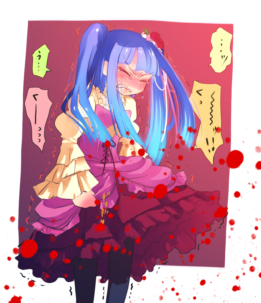hanui, furudo erika, end of the golden witch, umineko no naku koro ni, bad id, bad pixiv id, 00s, 1girl, blood, bow, closed eyes, female focus, pantyhose, pink bow, solo, tears