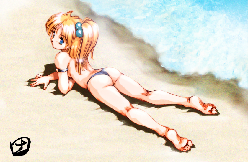 hisahiko, presia zenoskis, banpresto, super robot wars, super robot wars the lord of elemental, 1girl, ass, back, barefoot, beach, bikini, blonde hair, blue eyes, day, feet, female focus, loli, looking back, lying, side ponytail, soles, solo, swimsuit, thong bikini, topfreedom, topless female