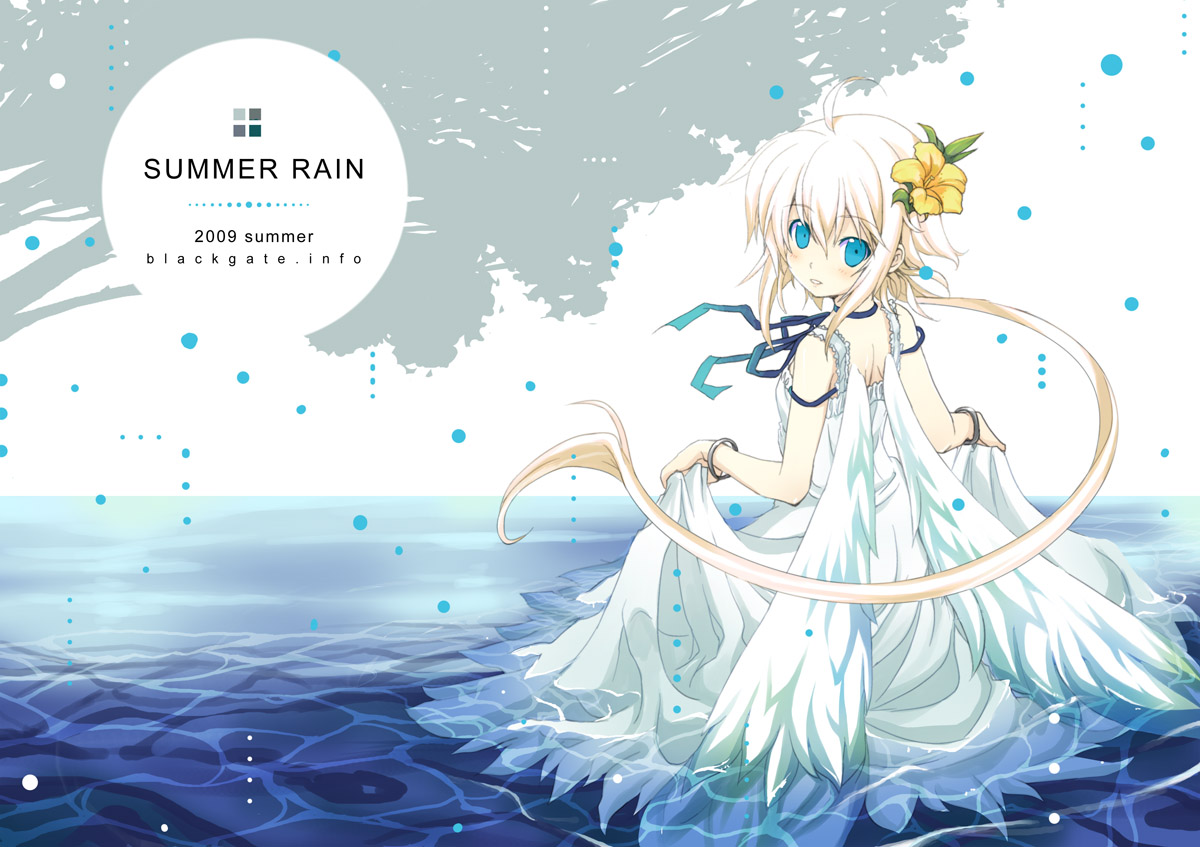 minamura haruki, original, 1girl, angel wings, blonde hair, blue eyes, choker, clothes lift, dress, dress lift, female focus, flower, hair flower, hair ornament, looking back, ribbon, sidelocks, skirt hold, solo, water, white dress, wings