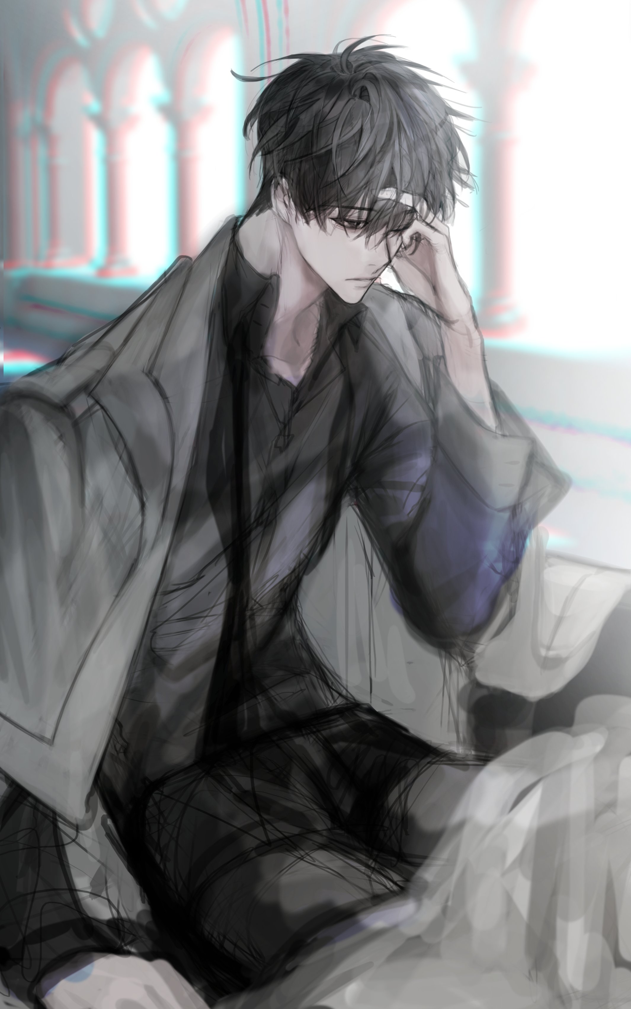 hayu beck, kim dokja, omniscient reader's viewpoint, absurdres, commentary request, highres, korean commentary, 1boy, black eyes, black hair, black shirt, chromatic aberration, collared shirt, exhausted, grey jacket, hand on own forehead, indoors, jacket, jacket on shoulders, male focus, shirt, short hair, sitting, solo