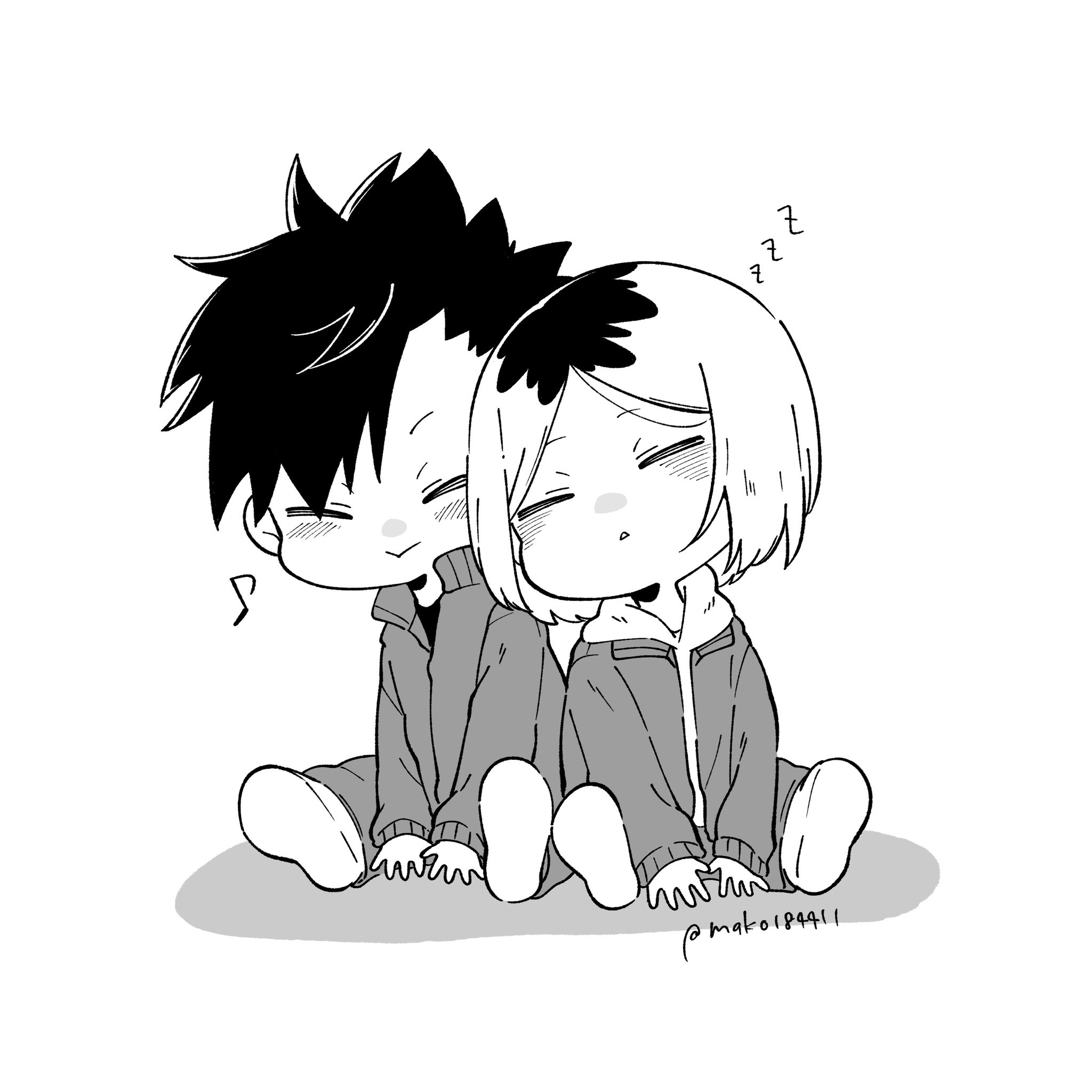 kozume kenma, kuroo tetsurou, haikyuu!!, commentary request, highres, 2boys, :>, blush, blush stickers, chibi, chibi only, faux figurine, happy, jacket, mako184411, male focus, multicolored hair, multiple boys, musical note, pants, parted bangs, roots (hair), shoes, short hair, simple background, sitting, sleeping, sleeves past wrists, smile, spiked hair, track jacket, triangle mouth, white background, zzz