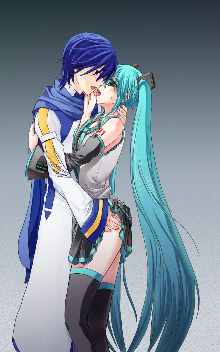 salovesy, hatsune miku, kaito (vocaloid), vocaloid, highres, 1boy, 1girl, aqua eyes, aqua hair, ass, blue eyes, blue hair, blue scarf, blush, clothes lift, couple, detached sleeves, grabbing another's ass, gradient background, groping, hetero, kiss, long hair, necktie, saliva, saliva trail, scarf, simple background, skirt, skirt lift, sweat, thighhighs, twintails, very long hair, zettai ryouiki
