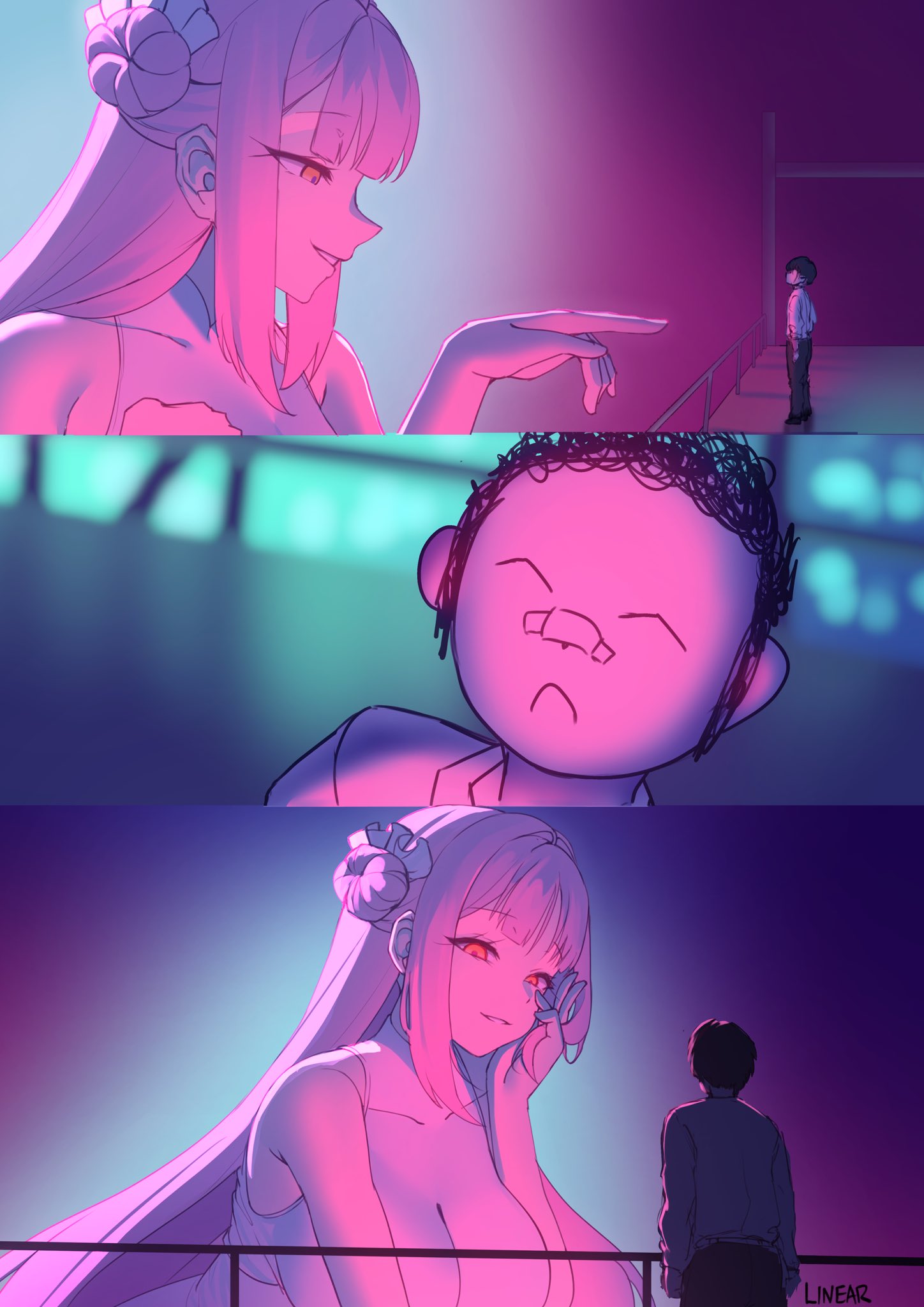 linear 71, doodle sensei (blue archive), mika (blue archive), sensei (blue archive), blade runner (series), blade runner 2049, blue archive, commentary, english commentary, highres, bare shoulders, black pants, formal clothes, from side, gosling, goslingposting (meme), hair bun, light smile, meme, pants, pink hair, pointing, purple light, suit, yellow eyes