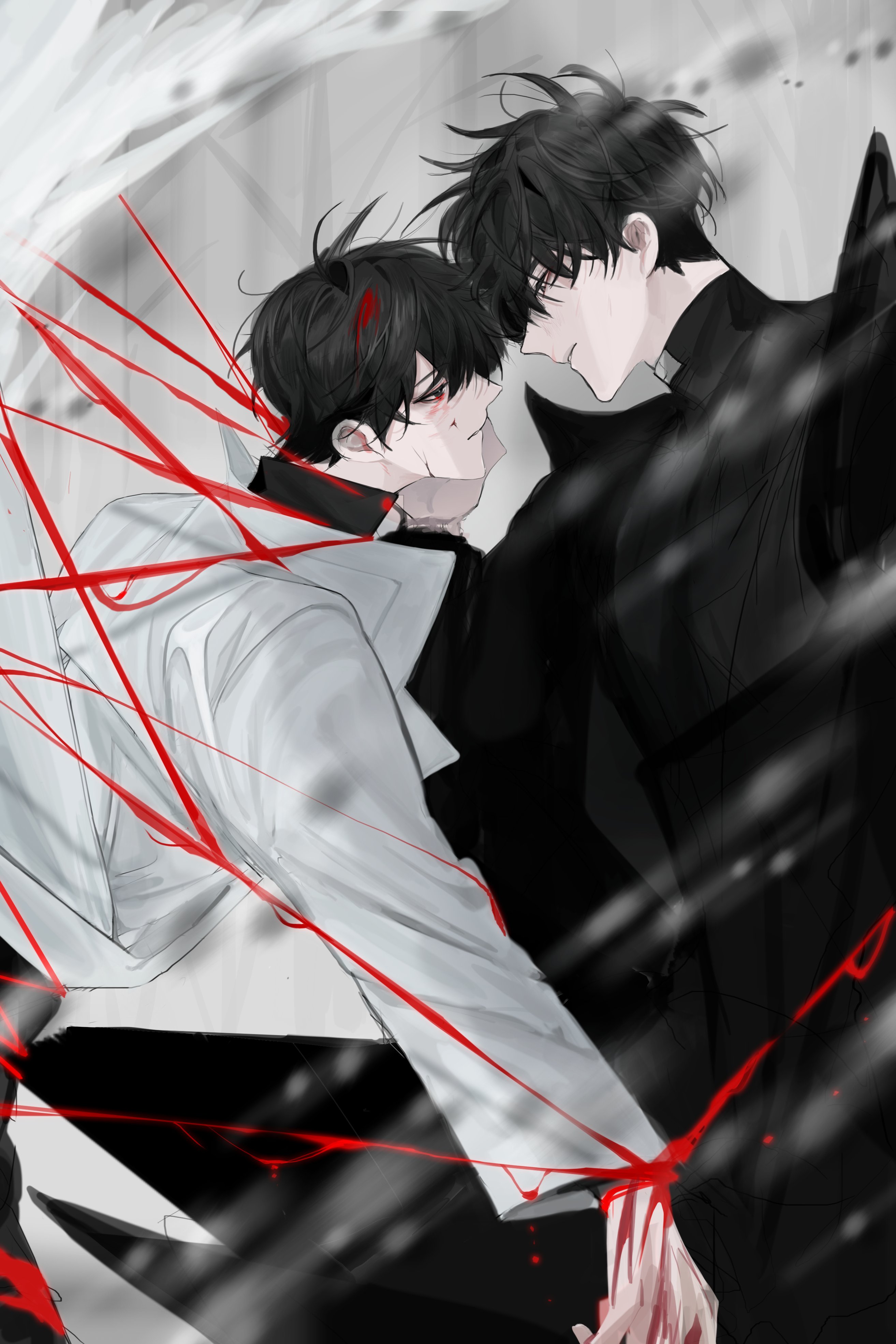 hayu beck, kim dokja, yoo joonghyuk, omniscient reader's viewpoint, absurdres, commentary request, highres, korean commentary, 2boys, black coat, black eyes, black hair, black shirt, bleeding, blood, blood in hair, blood on face, bloody tears, coat, hand on another's face, head tilt, looking at another, male focus, multiple boys, official alternate costume, open clothes, open coat, parted lips, puppet strings, shirt, short hair, snowing, white coat