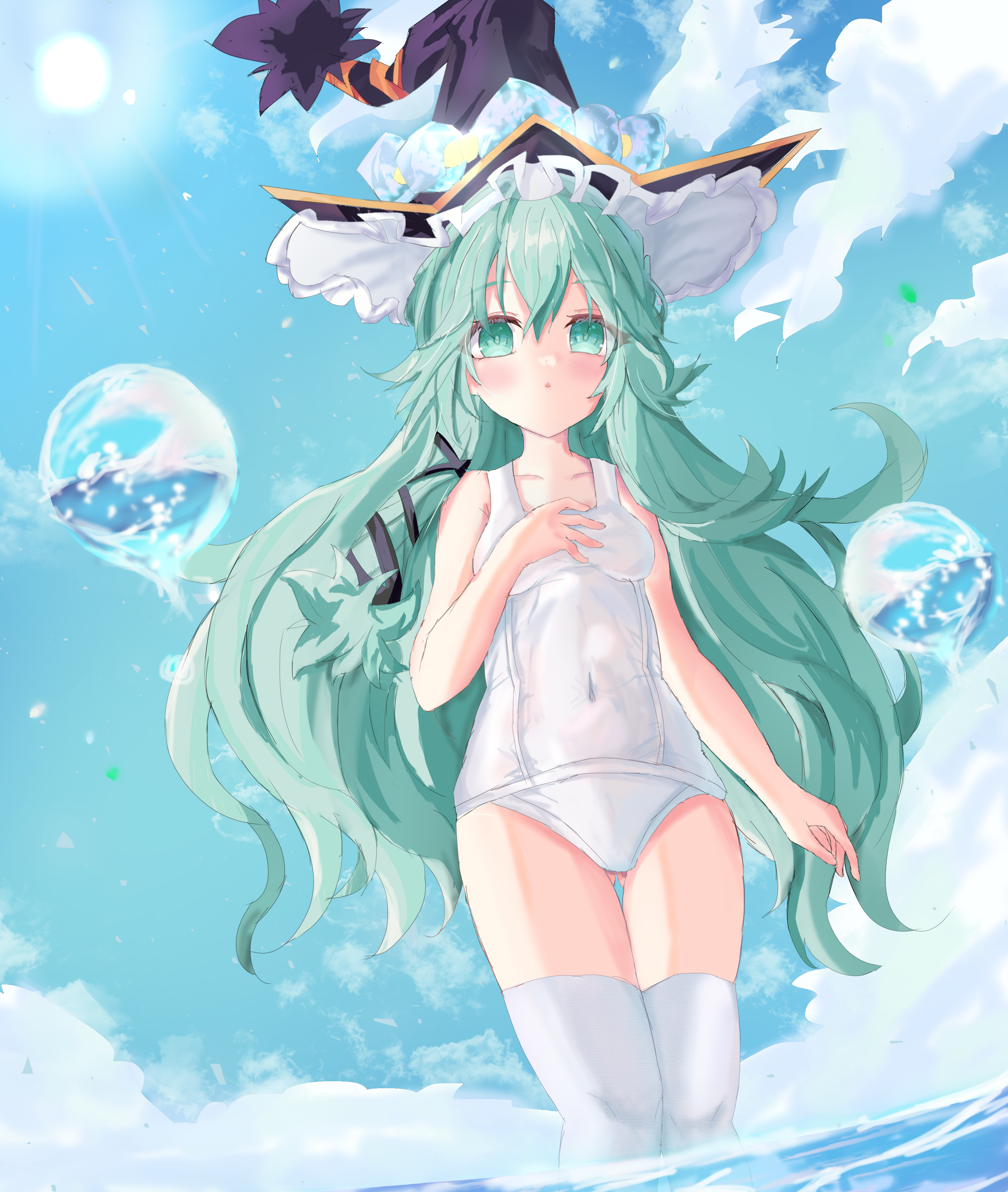 himekawa yoshino, kyouno natsumi, azur lane, date a live, absurdres, commentary request, highres, 1girl, blush, breasts, bubble, bycal, cosplay, covered navel, gluteal fold, green eyes, green hair, hat, himekawa yoshino (cosplay), himekawa yoshino (secret base), long hair, looking at viewer, one-piece swimsuit, parted lips, small breasts, solo, swimsuit, thighhighs, wading, water, white one-piece swimsuit, white thighhighs, witch hat