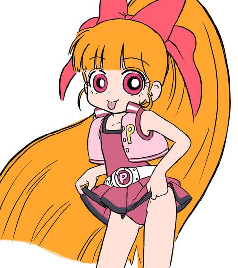 akatsutsumi momoko, hyper blossom, powerpuff girls, powerpuff girls z, :p, clothes lift, loli, ribbon, skirt, skirt lift, tongue, tongue out