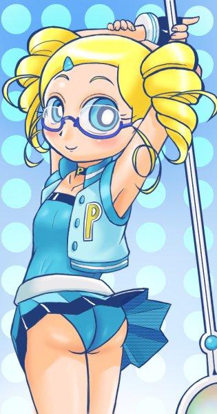 goutokuji miyako, rolling bubbles, powerpuff girls, powerpuff girls z, artist request, 1girl, arms behind head, arms up, ass, belt, blonde hair, blue background, blue eyes, blue jacket, blue leotard, blue skirt, choker, collarbone, drill hair, flat chest, from behind, glasses, hair ornament, hairclip, holding, holding staff, jacket, leotard, letterman jacket, loli, long hair, looking at viewer, looking back, polka dot, polka dot background, skirt, sleeveless, sleeveless jacket, staff, standing, twintails, white belt, wind, wind lift