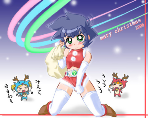 akatsutsumi momoko, akazutsumi momoko, goutokuji miyako, hyper blossom, matsubara kaoru, powered buttercup, rolling bubbles, cartoon network, powerpuff girls, powerpuff girls z, brown footwear, artist request, lowres, 00s, 2006, 3girls, animal costume, bell, belt, black hair, blonde hair, blue background, blush, boots, chibi, christmas, closed eyes, drill hair, embarrassed, fur-trimmed boots, fur-trimmed skirt, fur trim, gloves, gradient background, green eyes, holding, holding sack, jingle bell, kneeling, loli, long hair, looking at viewer, multiple girls, open mouth, orange hair, pom pom (clothes), red shirt, red skirt, reindeer costume, sack, santa costume, shirt, short hair, skirt, skirt tug, sleeveless, sleeveless shirt, smile, snow, thighhighs, twin drills, twintails, white belt, white gloves, white thighhighs