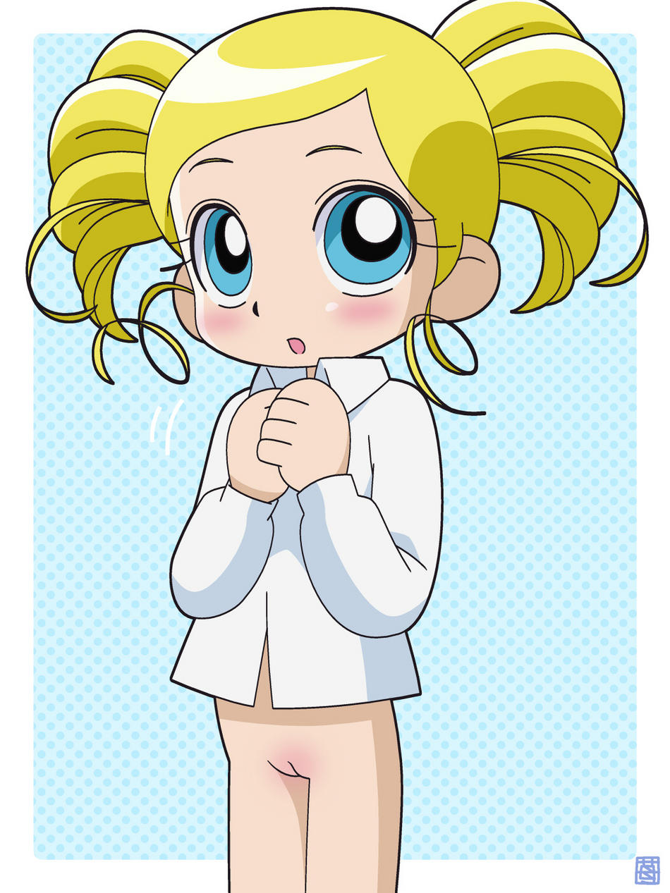 hatomugisan, goutokuji miyako, rolling bubbles, cartoon network, powerpuff girls, powerpuff girls z, highres, 00s, 1girl, blonde hair, blue background, blue eyes, blush, bottomless, cleft of venus, drill hair, hands on own chest, loli, long hair, long sleeves, looking at viewer, open mouth, polka dot, polka dot background, pussy, shirt, standing, twin drills, twintails, white shirt