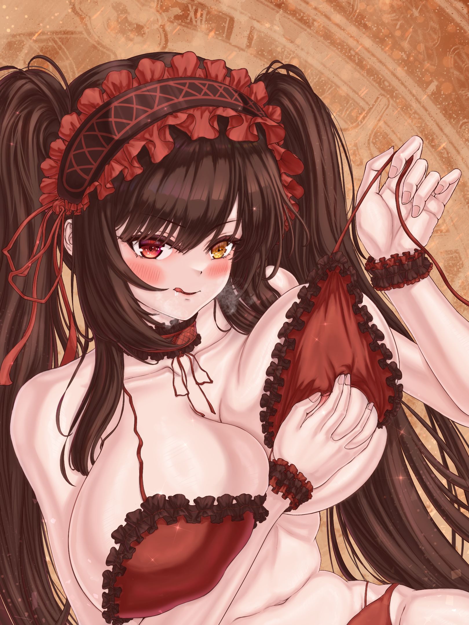 zuguo de xi lanhua, tokisaki kurumi, azur lane, date a live, commentary request, highres, 1girl, :q, alternate body size, alternate breast size (larger), bikini, blush, breasts, clock eyes, covering breasts, covering one breast, covering privates, frilled bikini, frilled hairband, frills, hairband, heterochromia, huge breasts, licking lips, long hair, looking at viewer, navel, official alternate costume, red bikini, red eyes, red hairband, solo, stomach, swimsuit, symbol-shaped pupils, tokisaki kurumi (spirit), tokisaki kurumi (twin rose), tongue, tongue out, twintails, yellow eyes