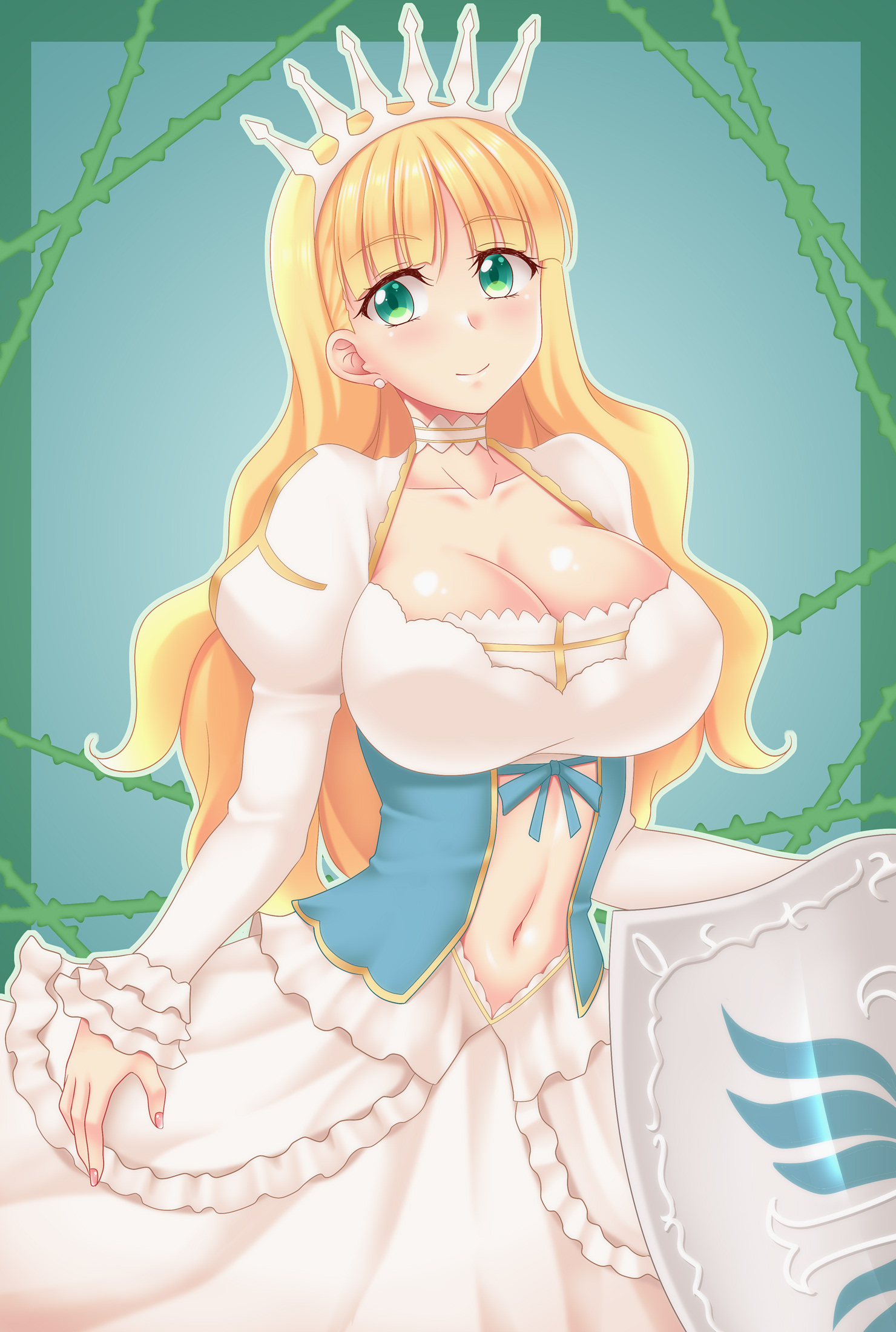 utomo, clalaclan philias, shining (series), shining wind, commentary request, highres, 1girl, blonde hair, breasts, center opening, choker, cleavage, cross, crown, dress, earrings, frilled dress, frilled sleeves, frills, green eyes, hime cut, holding, holding shield, jewelry, large breasts, light smile, long hair, long sleeves, navel, princess, puffy sleeves, ribbon, shield, simple background, single earring, solo, standing, thorns, very long hair, white choker, white crown, white dress