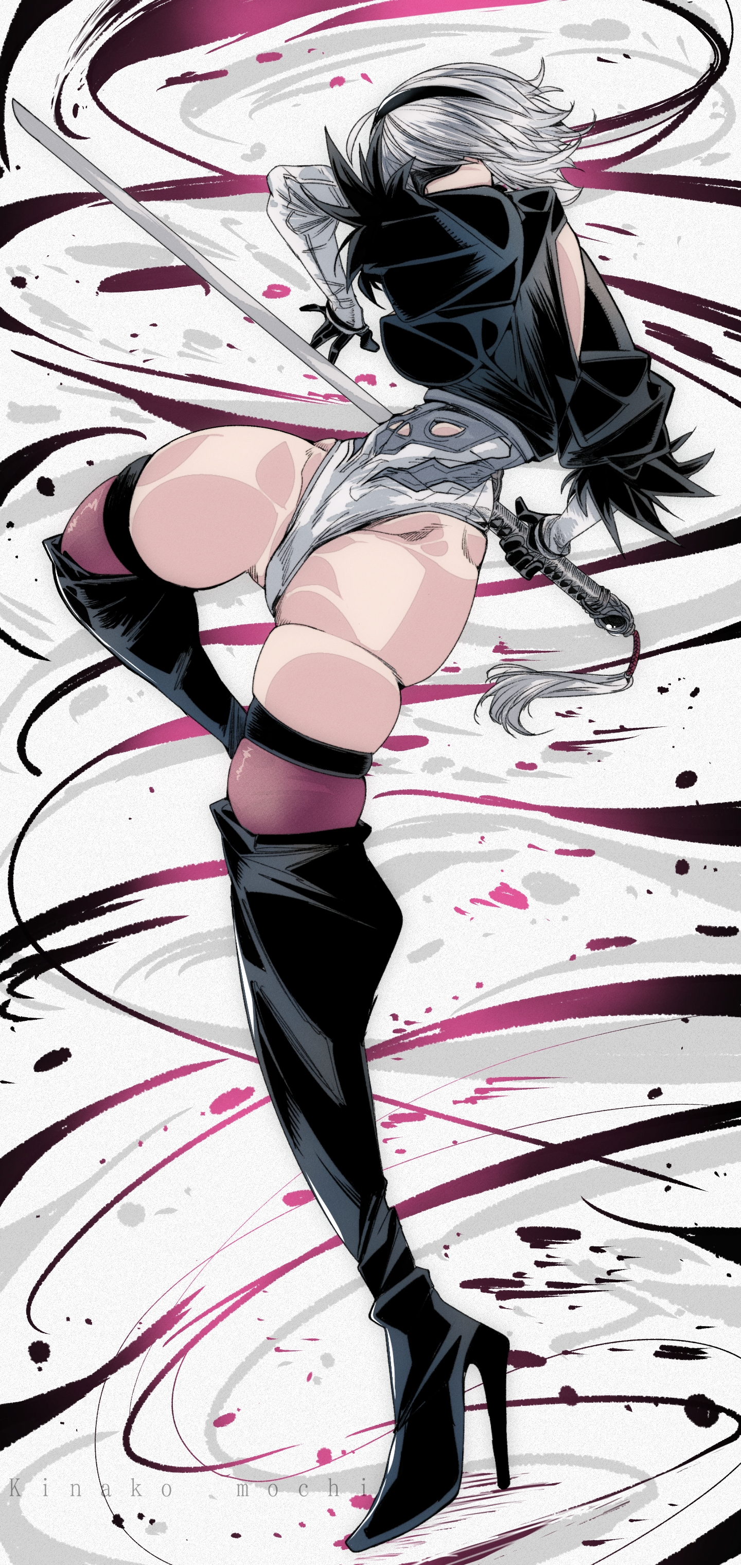 kinakomochi (user vedc2333), 2b (nier:automata), nier:automata, nier (series), square enix, 1girl, black boots, black shirt, blindfold, boots, breasts, hairband, high heels, highleg, highleg leotard, holding, holding sword, holding weapon, katana, large breasts, leotard, looking at viewer, motion lines, puffy sleeves, shirt, short hair, short sleeves, standing, sword, tassel, thick thighs, thigh boots, thighs, weapon, white background, white leotard, white shirt