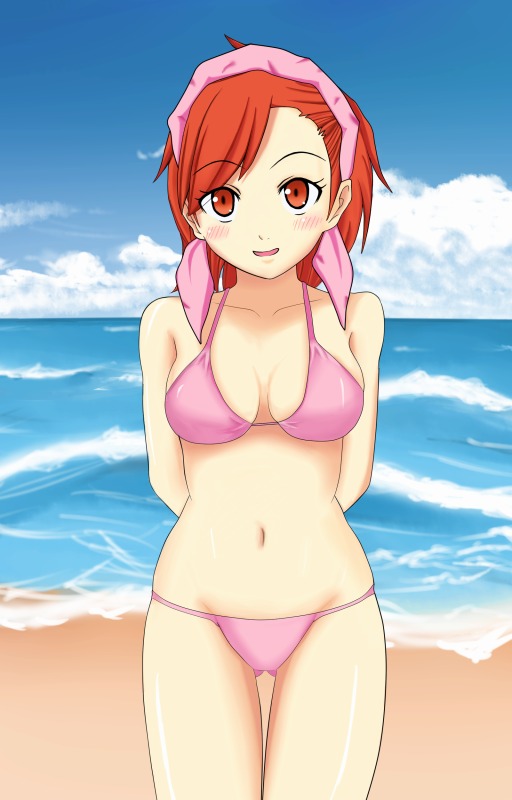 tanigawa yuzu, devil survivor (series), devil survivor 1, 1girl, beach, bikini, blush, breasts, cleavage, female focus, ocean, outdoors, sky, smile, solo, swimsuit