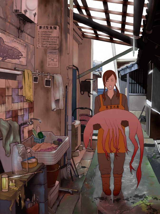 shiira, aphex twin, original, mutant, 1girl, :d, absurdly detailed composition, apron, boots, broom, coelacanth, creature, dirty, female focus, fish, gloves, indoors, loaded interior, monster, open mouth, scenery, sink, smile, solo