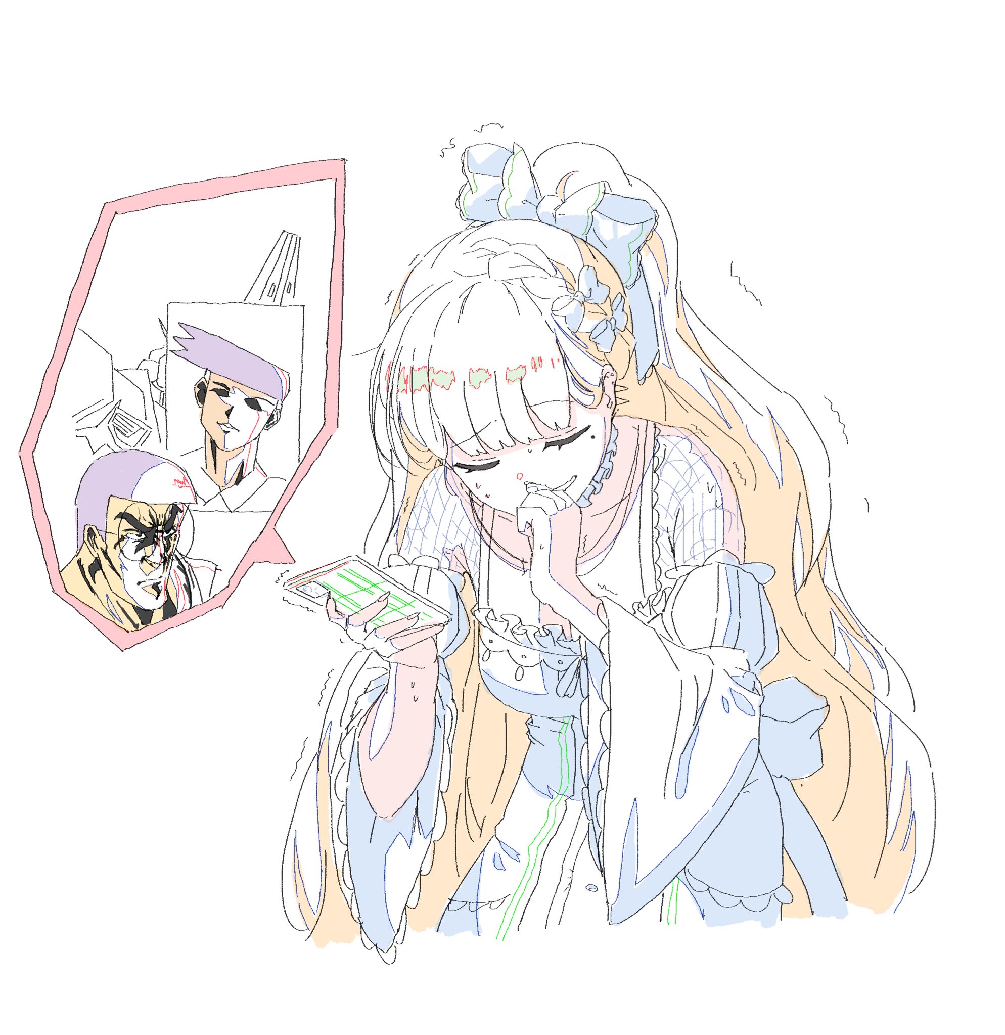 tsujiya okuyasu, saeki miria, mahou shoujo no majo saiban, highres, 1girl, bare shoulders, blonde hair, bow, braid, breasts, cleavage, closed eyes, color trace, covering own mouth, detached sleeves, glasses, hair bow, holding, holding phone, inset, large breasts, leaning forward, long hair, long sleeves, manly, mole, mole under eye, phone, ponytail, simple background, solo, speech bubble, trembling, white background, wide sleeves