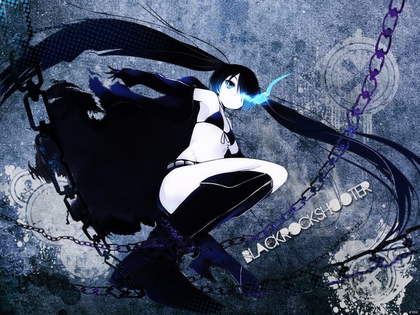 capchi, black rock shooter (character), black rock shooter, bad id, bad pixiv id, 10s, 1girl, belt, bikini, bikini top only, black bikini, black hair, blue eyes, boots, chain, coat, female focus, flat chest, glowing, glowing eyes, long hair, midriff, monochrome, navel, pale skin, scar, shorts, solo, spot color, swimsuit, twintails, uneven twintails, very long hair