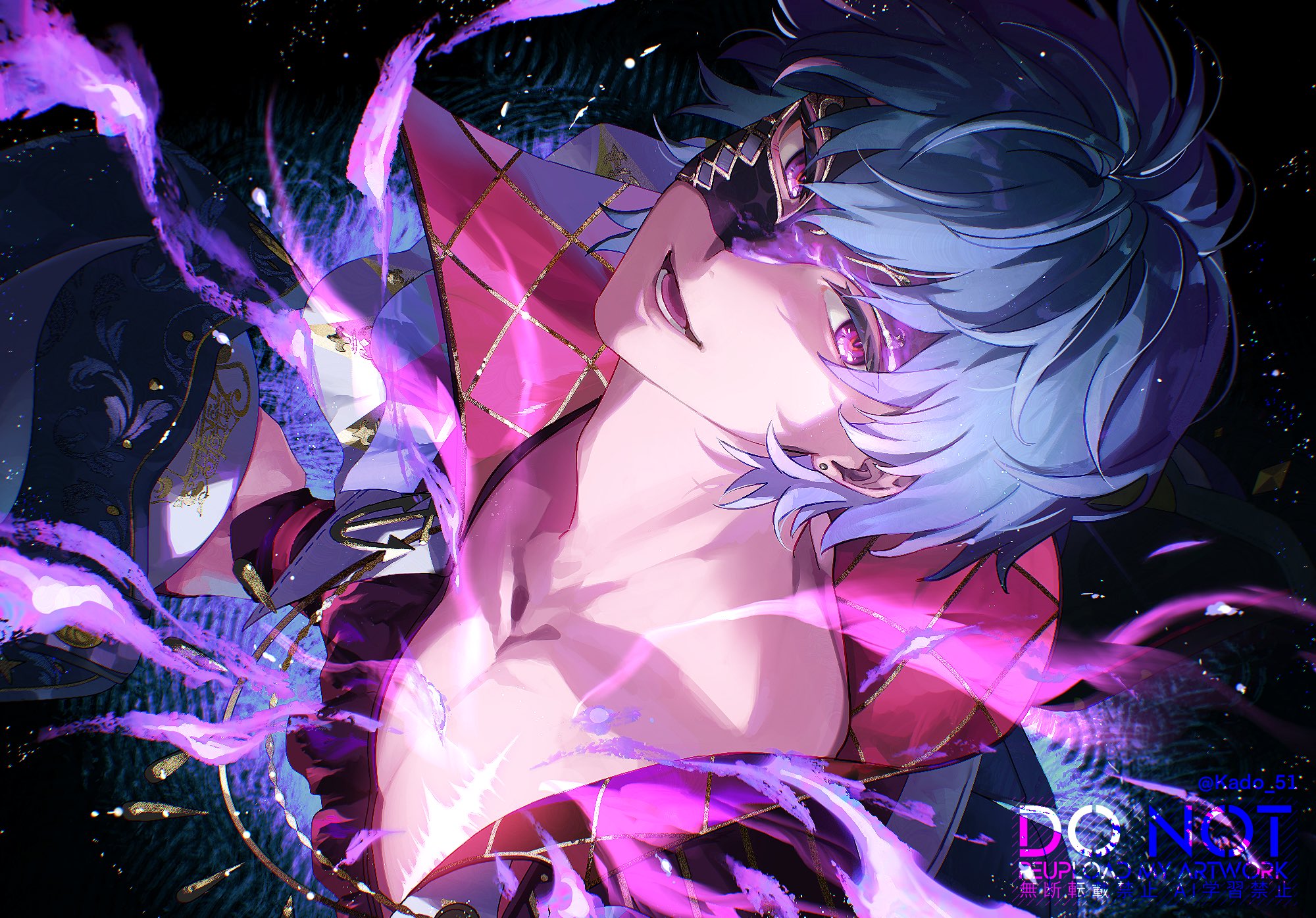 kado 51, brant (wuthering waves), wuthering waves, commentary request, highres, 1boy, bare pectorals, black mask, blue hair, collarbone, earrings, half mask, jewelry, looking to the side, lower teeth only, male focus, mask, mystical high collar, open mouth, parted bangs, pectorals, piercing, pink eyes, short hair, sideways glance, smile, solo, stud piercings, tacet mark (wuthering waves), teeth, upper body, watermark