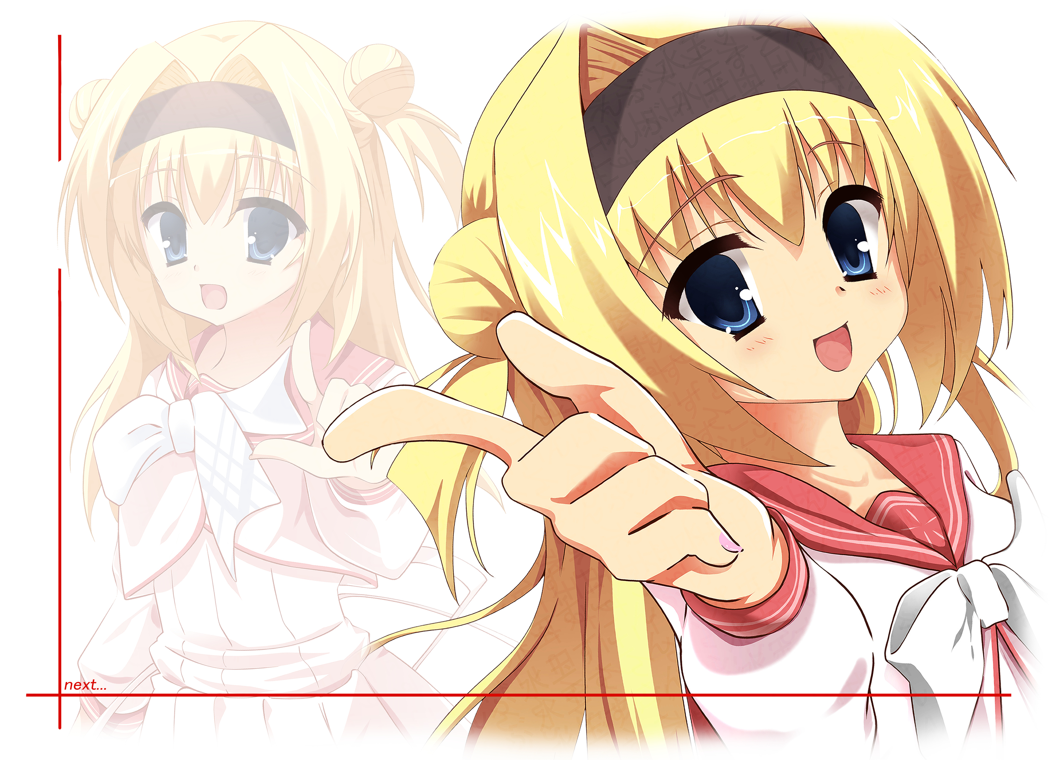 sukonbu385, chitose sana, tenshinranman, absurdres, commentary, highres, symbol-only commentary, 1girl, :d, arm at side, blonde hair, blue eyes, blush, border, bow, bowtie, cowboy shot, double bun, english text, hair between eyes, hair bun, hair intakes, hand up, happy, index finger raised, long hair, looking at viewer, multiple views, open mouth, pink serafuku, pink shirt, pink skirt, pointing, pointing at viewer, red sailor collar, sailor collar, school uniform, serafuku, shirt, simple background, skirt, smile, two side up, upper body, watermark, white background, white border, white bow, white bowtie