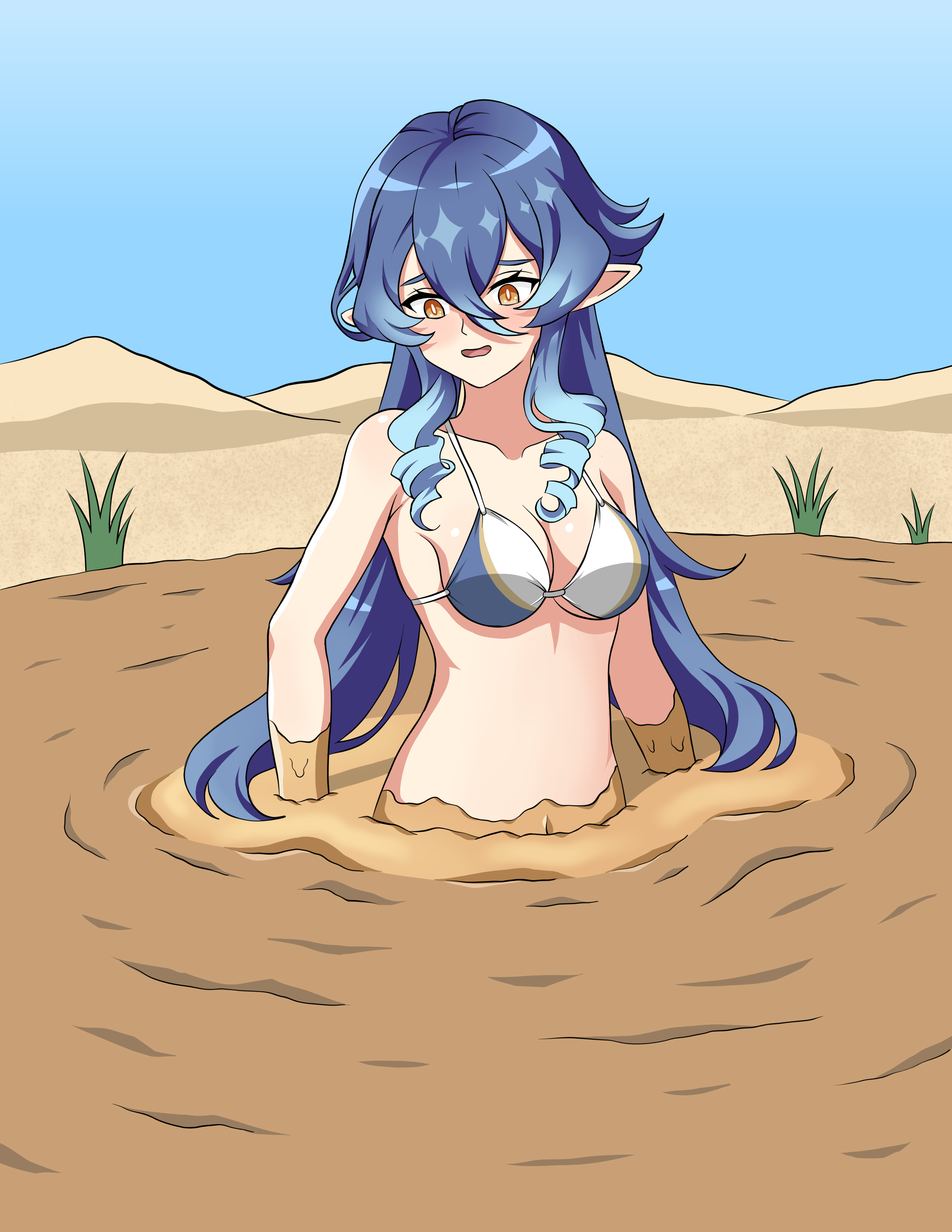 layla (genshin impact), genshin impact, original, absurdres, commentary, english commentary, highres, bikini, blue hair, breasts, dirty, grass, mud, pointy ears, quicksand, swimsuit, wetland, yellow eyes
