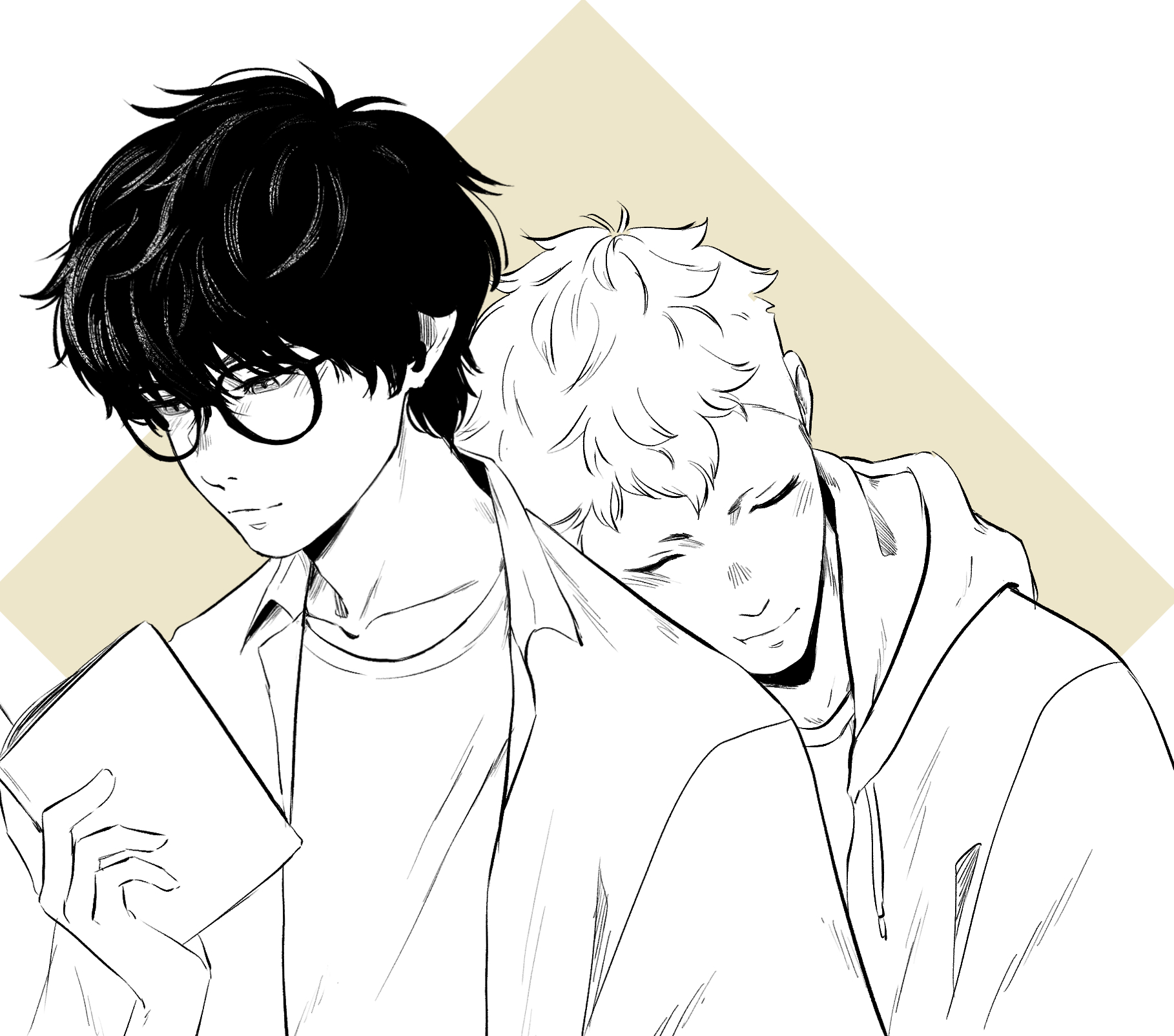 raph (raphodraws), amamiya ren, sakamoto ryuuji, persona, persona 5, commentary, highres, unfinished, 2boys, blush, book, closed eyes, closed mouth, collarbone, collared shirt, crew neck, glasses, head on another's shoulder, holding, holding book, hood, hood down, hooded jacket, jacket, layered clothes, male focus, multiple boys, open clothes, open jacket, open shirt, round eyewear, shirt, short hair, spot color, upper body, yaoi