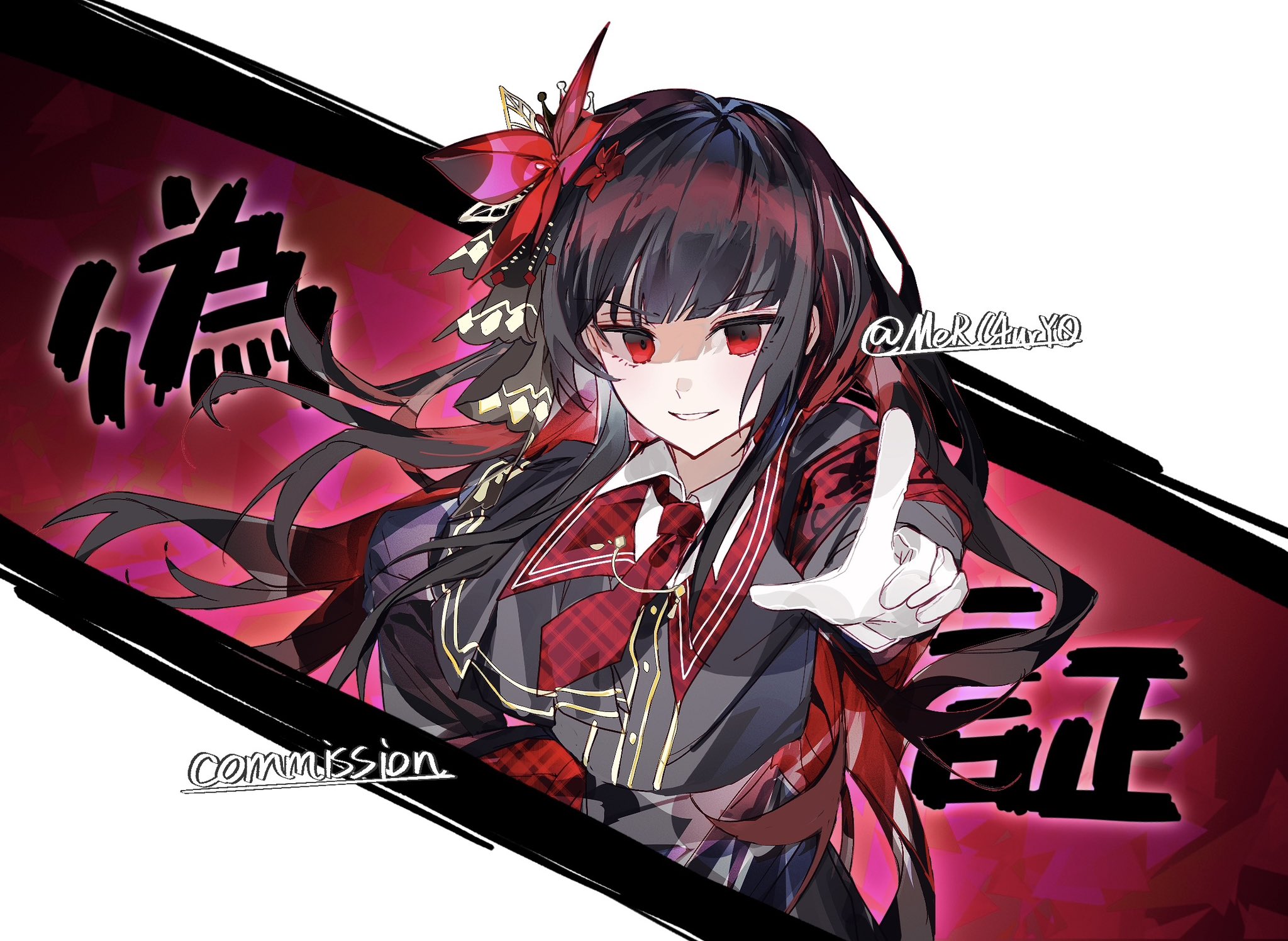 merc4ury0, nikaido hiro, mahou shoujo no majo saiban, commentary, commission, highres, 1girl, armband, black hair, black shirt, black skirt, collared shirt, cowboy shot, floating hair, flower, hair flower, hair ornament, long hair, long sleeves, looking at viewer, necktie, pointing, pointing at viewer, red armband, red eyes, red flower, red necktie, shirt, simple background, skirt, smile, solo, standing, twitter username, white background