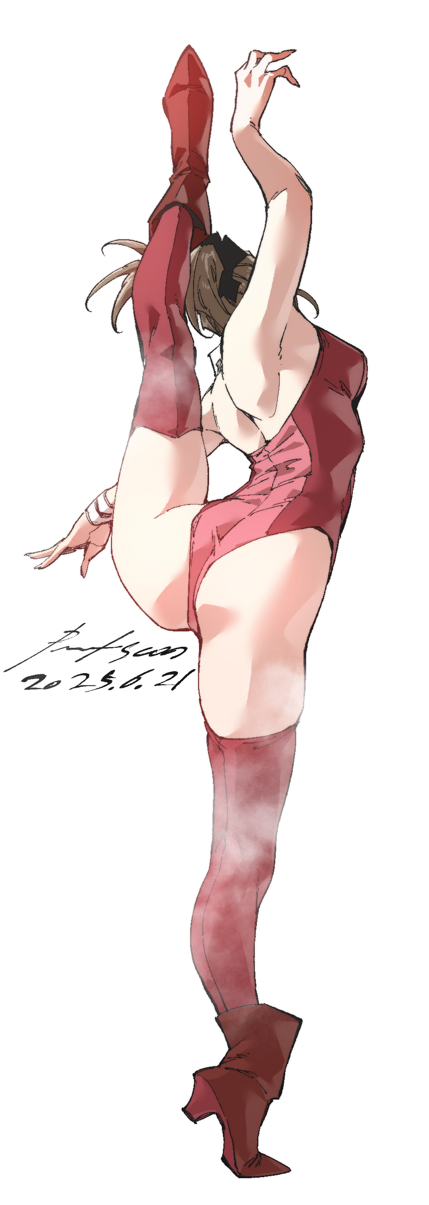 nabipenciller, original, absurdres, highres, 1girl, ass, boots, breasts, brown hair, facing away, flexible, from behind, full body, high heel boots, high heels, leg up, leotard, red boots, red leotard, red thighhighs, simple background, small breasts, solo, split, standing, standing on one leg, standing split, thighhighs, white background